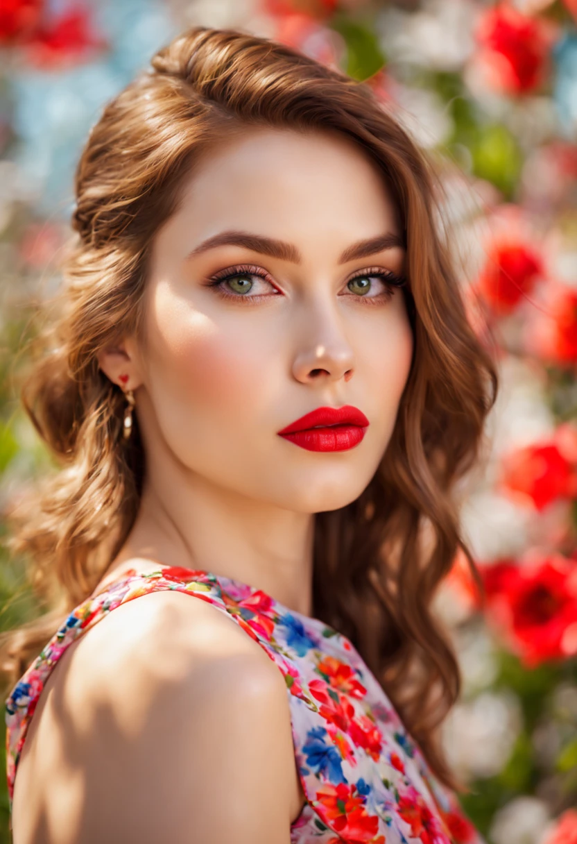 red lipstick, detailed eyes, floral print dress, spring garden backdrop, natural lighting, high resolution, painting-like style, vibrant colors, realistic texture, bokeh