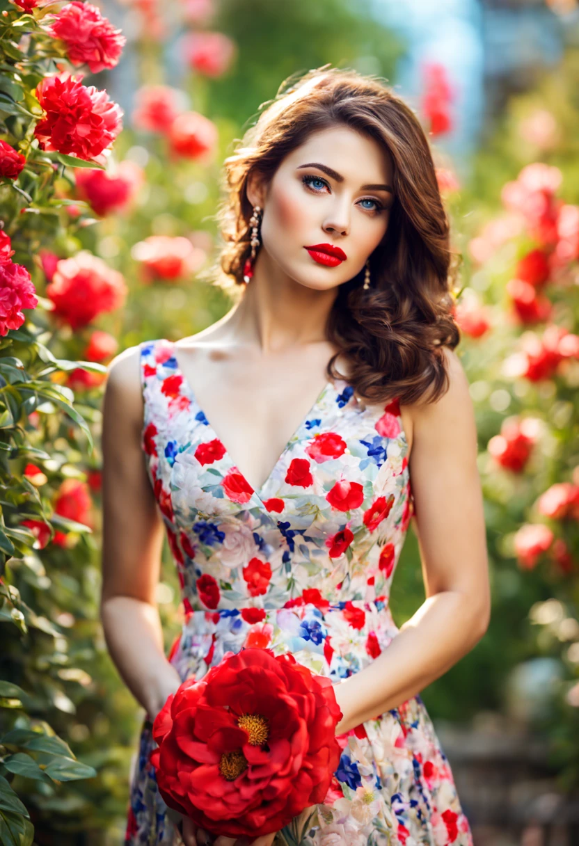 red lipstick, detailed eyes, floral print dress, spring garden backdrop, natural lighting, high resolution, painting-like style, vibrant colors, realistic texture, bokeh