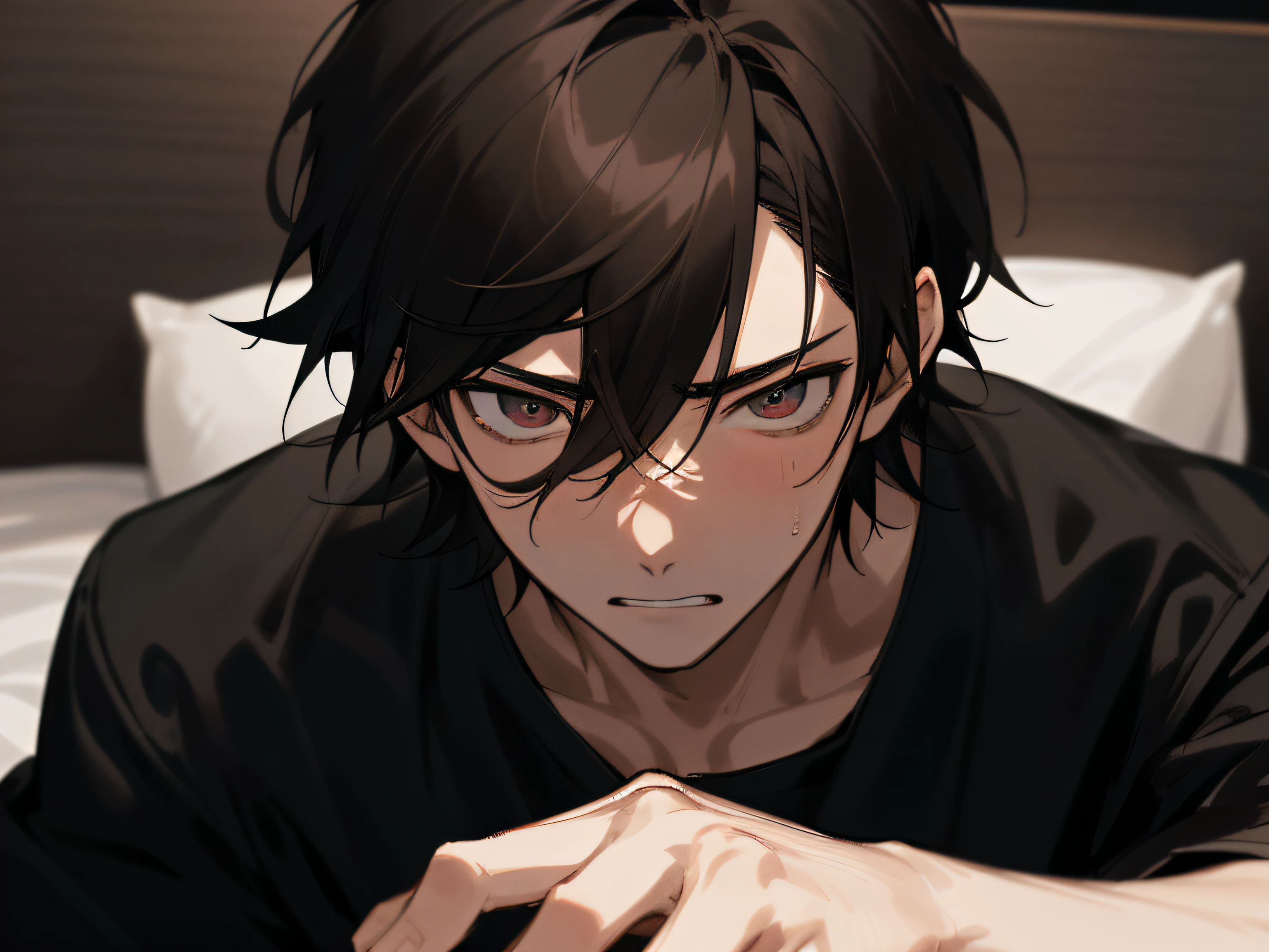 20代のmale people、,male people, 26 year old,yandere,Cool,1 male、Depressive Atmosphere,Black hair,,ムラムラ,Black shirt,Mesh russet,extreme close - up,Impatient expression,Background Hotel,a bed,natta