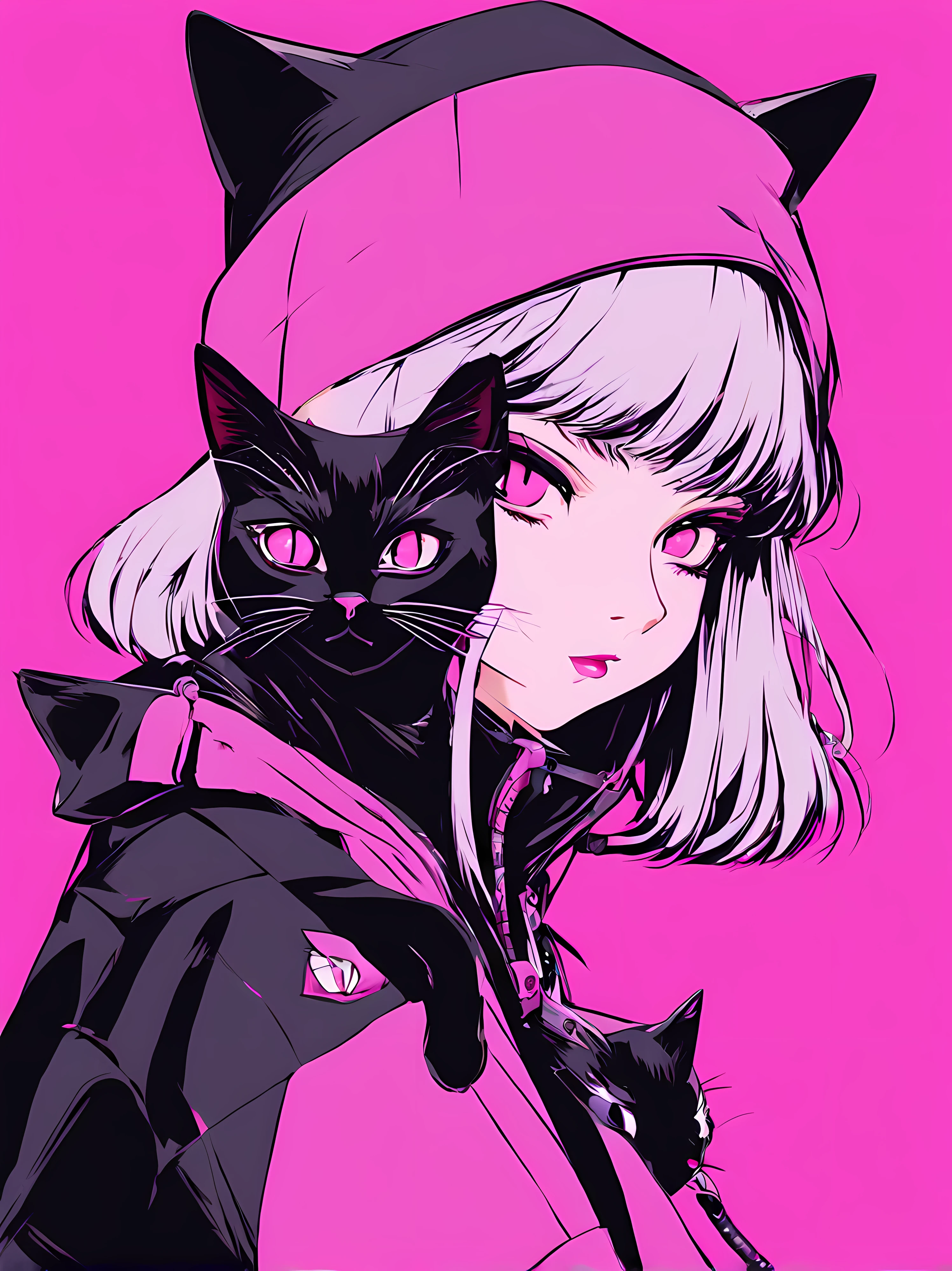 Anime girl with black cat on pink background, Portrait of goth cat girl, cat woman, Anime style illustration, Anime style 4k, anime style portrait, Ilya Kuvshinov Sti. 4K, cat woman, Artyom and Ilya Kuvshinov, Emo girl and her , beautiful anime catgirl, style of anime, style of anime. 8K