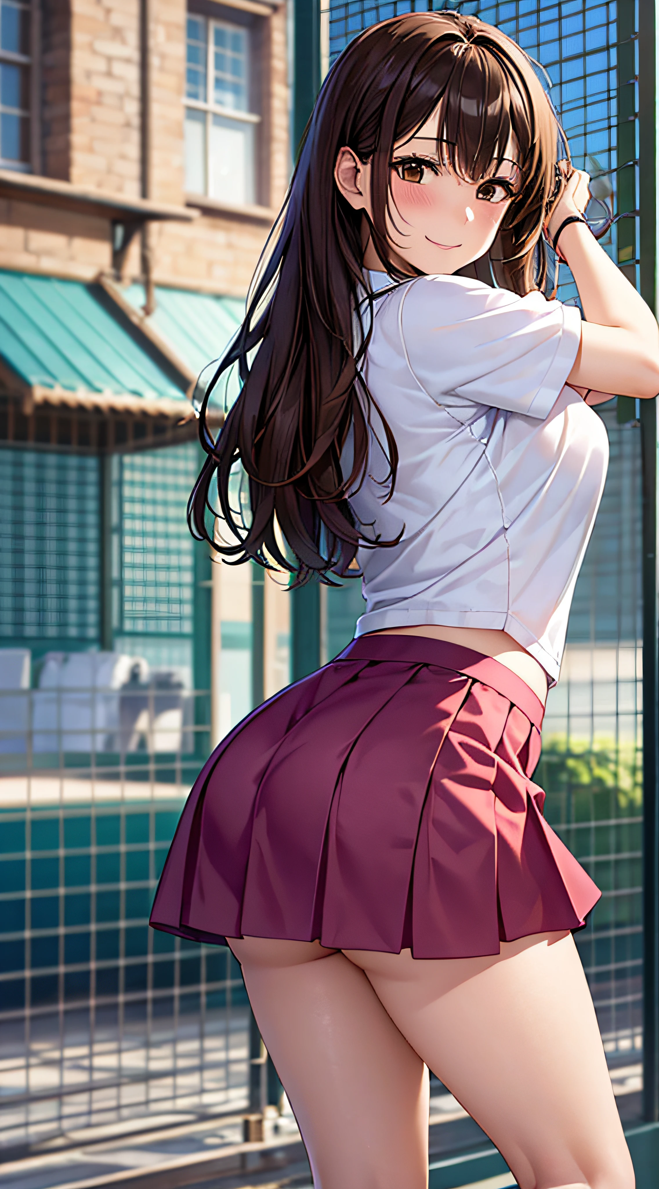 ((masutepiece, Best Quality, hight resolution, nffsw, Perfect Pixel, 4K, nffsw, nffsw))), 1girl in, Single, Solo, Beautie、full body seen、 ((Middle Wave Hair, Bangs, Brown hair)), ((Brown-eyed, Beautiful eyelashes, Realistic eyes)), ((Detailed face, Blushing:1.2)), ((Smooth texture:0.75, Realistic texture:0.65, Photorealistic:1.1, Anime CG style)), medium breasts, Dynamic Angle, Perfect body, Tennis Wear, Shirts with short sleeve collar、pleatedskirt,breasts looking、(no-bra、See-through nipples)、、, tennis coat、during daytime、stick out buttocks、sexy pose、Very embarrassing panic smile、、