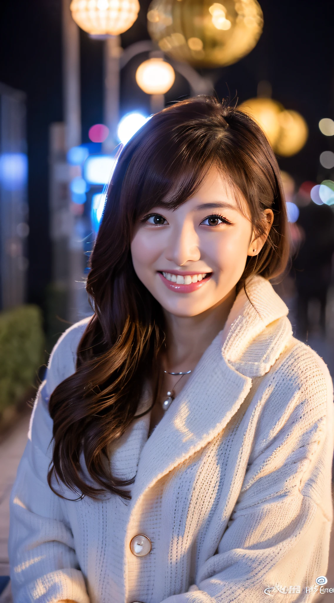Highest resolution, 4K, Masterpiece: 1.3), A Japanese milf, photo of one lady, Sexy: 1.1, fine eyes, Slender figure, Realistic teeth, double eyelids, smile, full body, best quality, detailed, beauty, night, Illumination, winter