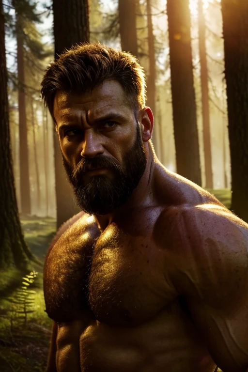 (realistic, high-res),male,brown hair,40 years old,beard, hairy, lumberjacks, pumped chest, oil painting, intense expression, dark background, dramatic lighting, masculine features, open eyes, realistic eyes, forest, nature, sunlight filtering through the trees, shadows, dynamic composition, raw and gritty, authenticity, rugged beauty, atmospheric, textured, compelling, captivating, evocative, cinematic, intense energy, golden hour lighting, sun-kissed, expressive, immersive, larger than life, powerful presence.