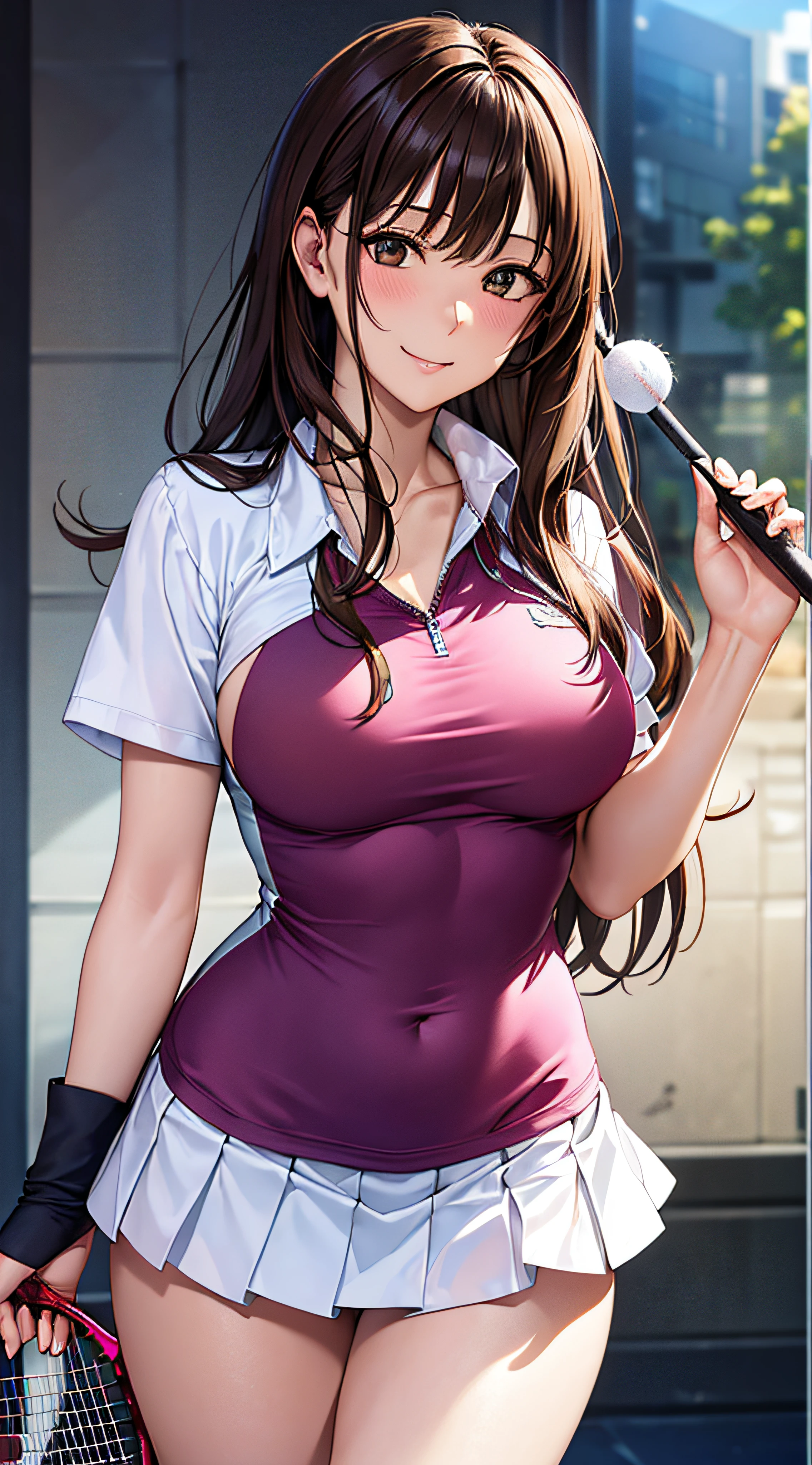 ((masutepiece, Best Quality, hight resolution, nffsw, Perfect Pixel, 4K, nffsw, nffsw))), 1girl in, Single, Solo, Beautie、full body seen、 ((Middle Wave Hair, Bangs, Brown hair)), ((Brown-eyed, Beautiful eyelashes, Realistic eyes)), ((Detailed face, Blushing:1.2)), ((Smooth texture:0.75, Realistic texture:0.65, Photorealistic:1.1, Anime CG style)), medium breasts, Dynamic Angle, Perfect body, Tennis Wear, Shirts with short sleeve collar、pleatedskirt,breasts looking、(no-bra、See-through nipples)、、, tennis coat、during daytime、stick out buttocks、sexy  pose、Very embarrassing panic smile、、