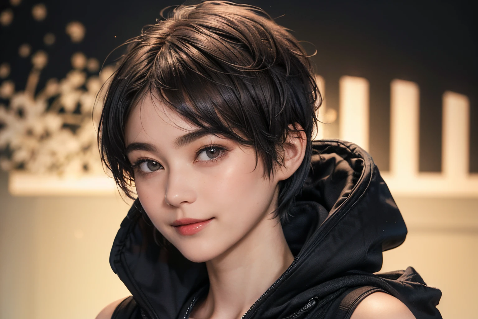 133
(a 20 yo woman,Wearing sportswear), (A hyper-realistic), (high-level image quality), ((beautiful hairstyle 46)), ((short-hair:1.46)), (Gentle smile), (breasted:1.46), (lipsticks), (darkened room), (florals), (wearing hoodies)