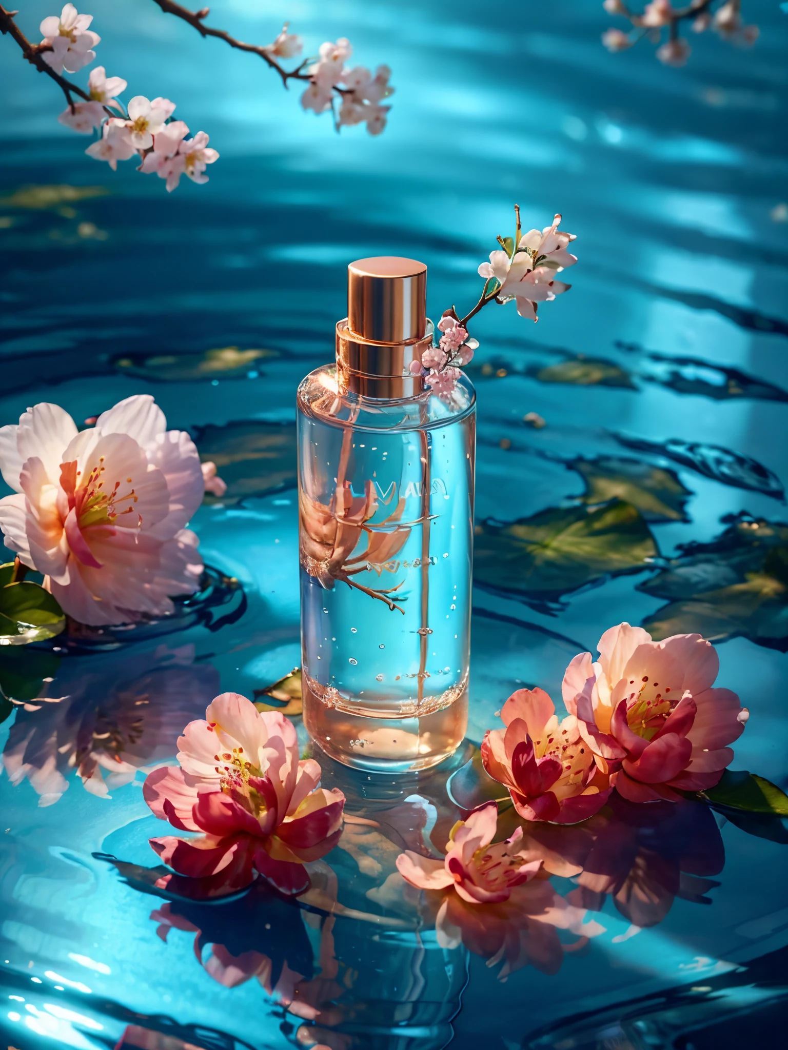 best quality, 4k, 8k, high resolution, masterpiece, ultra-detailed, photorealistic, blender, makeup bottle, cherry blossom wrapped around, blue sky background, water, sunlight, low perspective,  product rendering