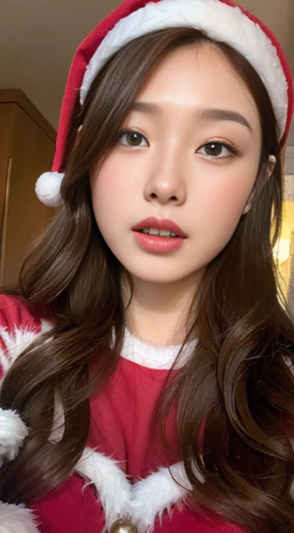 A woman with the same face as last time，１Man Woman、Slender Abs、Loose wavy styling、Please express it beautifully in every detail..........full body Esbian.Fascinating position,santa claus、 Including face and skin texture.，Detailed eyes，Seducting look