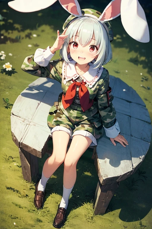 absurderes, top-quality, Top image quality, masterpiece,(embarrassed but happy:1.3), 15 year old girl, Best Bust,pure white hair, (((Has rabbit ears on his head))), (shortpants), ((short-hair)), Bright red eyes, 小柄, ((beret)), full body Esbian, (Camouflage pattern clothing), Ruins, Slightly red tide, Smile modestly, Smile embarrassedly, (double tooth), ((Perspective from above))