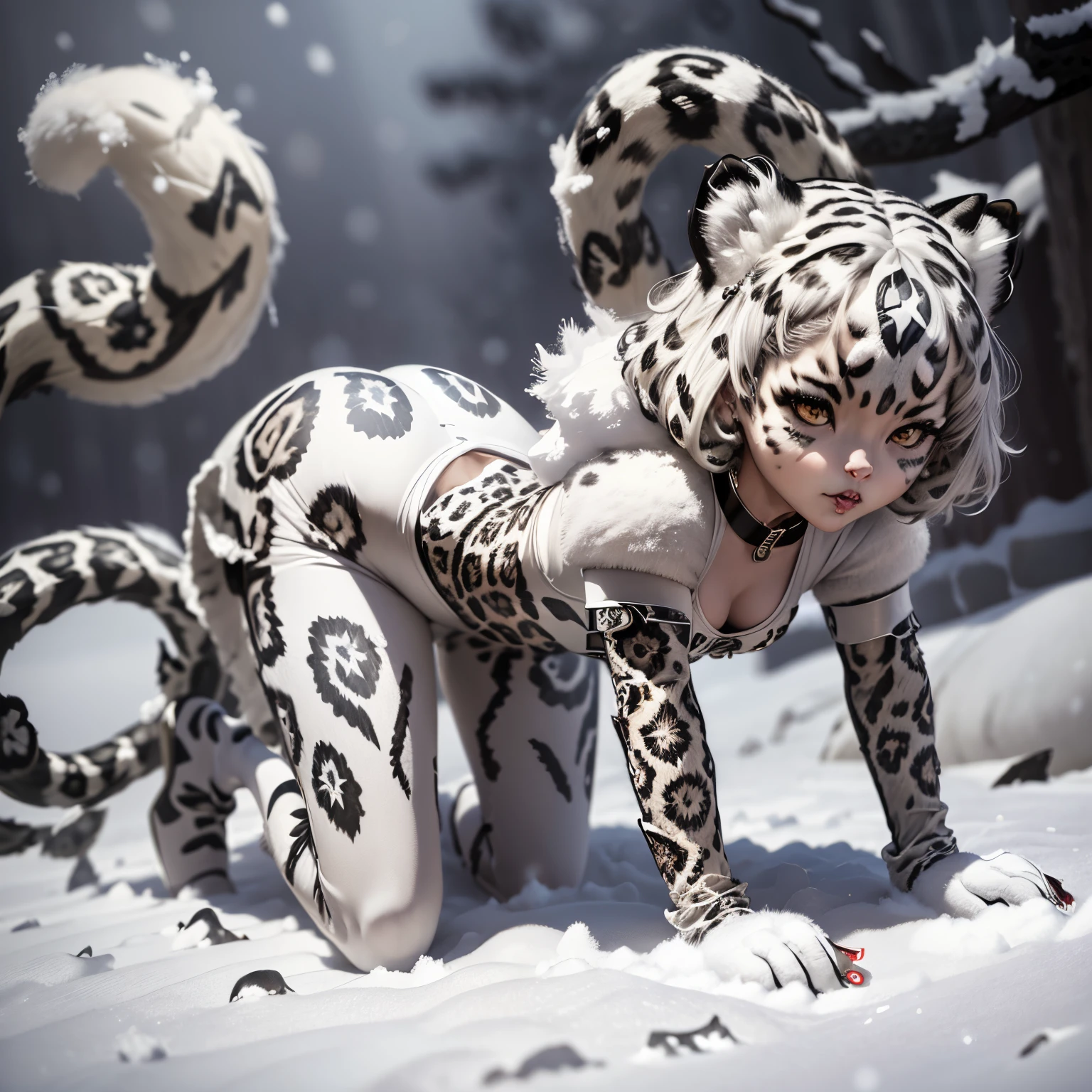 masterpiece、top-quality、ultra-detailliert、(Chibi Chara's Daughter:1.2)、(High resolution:2) (captured through a telephoto lens:1.3)1 seductive woman,
(She wears (weeped print catsuit),( white snow leopard:1.7),(girl in latex suit:1.3)
(white color hair,Curly bob hair, Snow leopard ears:1.2),(Latex Choker:1.1),(White High Heel Shoes:1.15)
rubber fetishism,
She is in a leopard pose on all fours (in the snowy forest: 1.2)