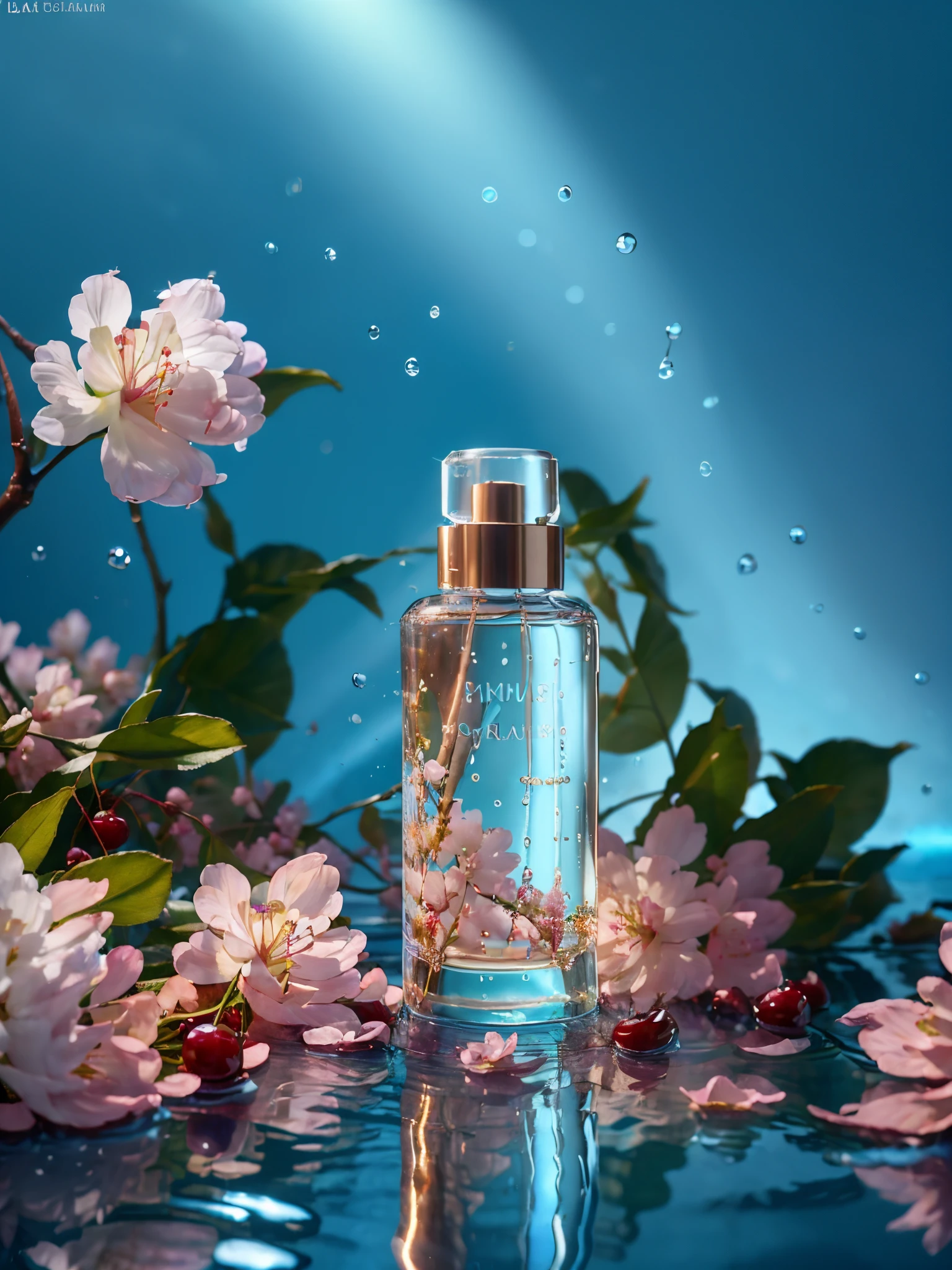 best quality, 4k, 8k, high resolution, masterpiece, ultra-detailed, photorealistic, blender, makeup bottle, cherry blossom wrapped around, blue sky background, water, sunlight, low perspective,  product rendering