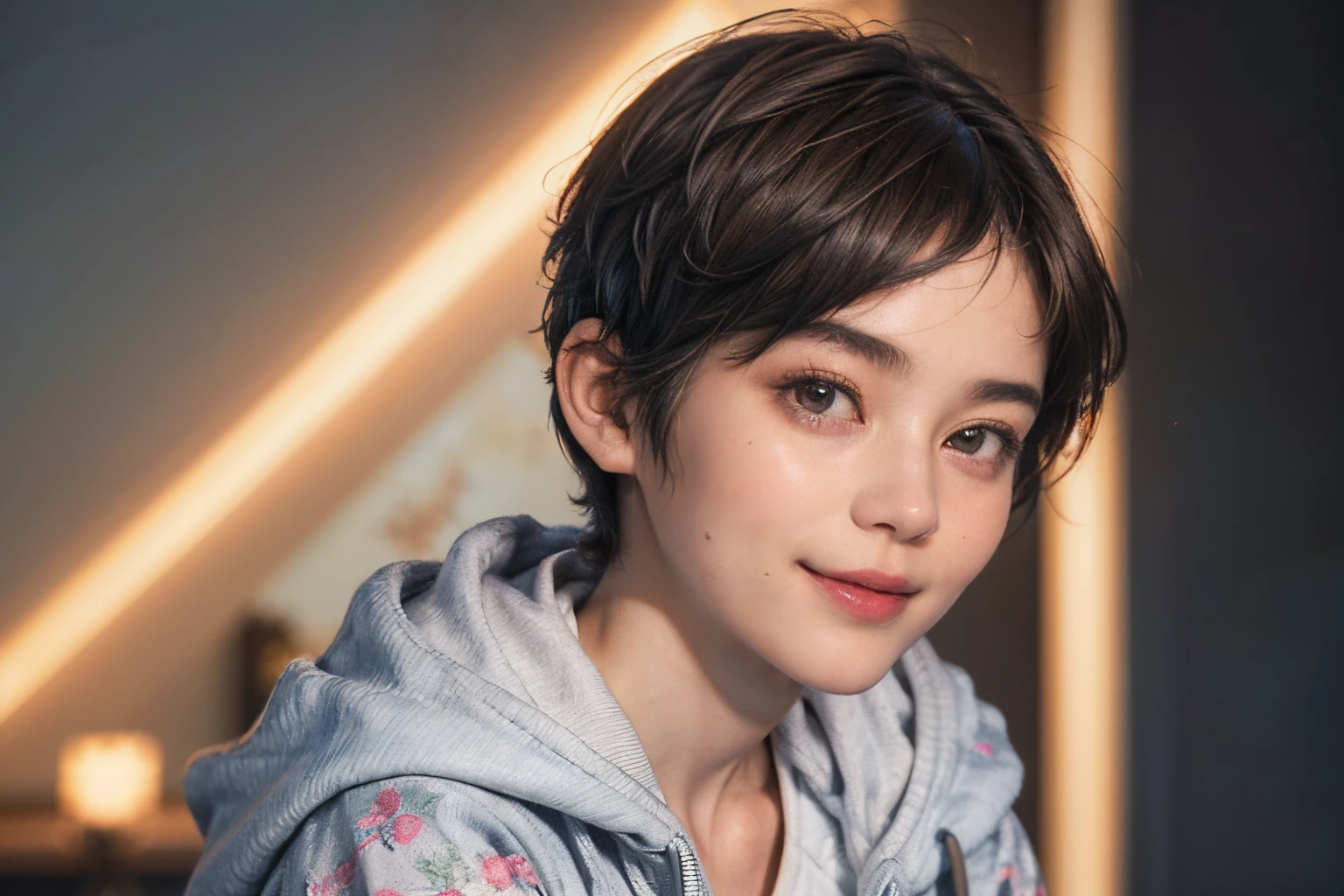 133
(a 20 yo woman,Wearing sportswear), (A hyper-realistic), (high-level image quality), ((beautiful hairstyle 46)), ((short-hair:1.46)), (Gentle smile), (breasted:1.46), (lipsticks), (darkened room), (florals), (wearing hoodies)