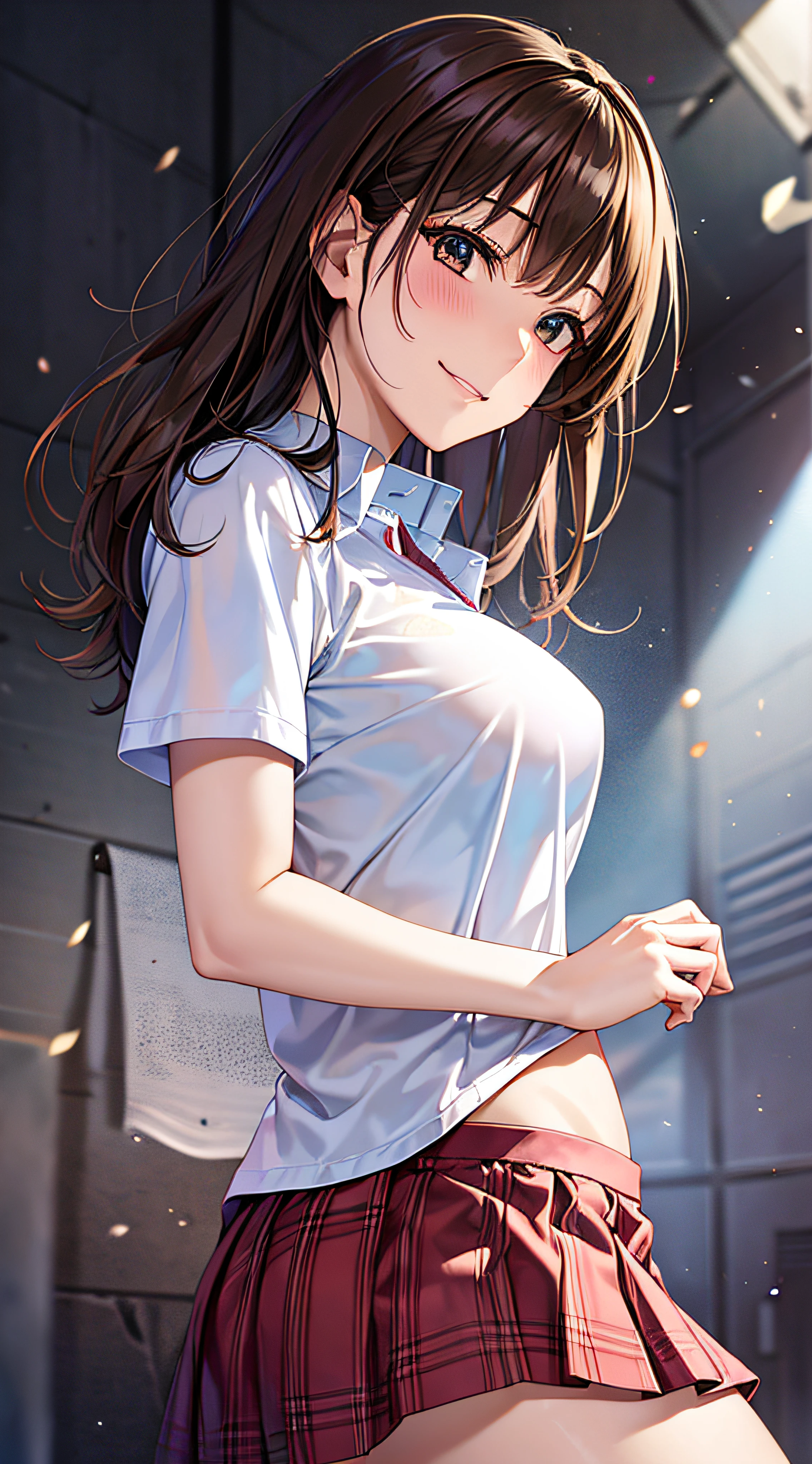 ((masutepiece, Best Quality, hight resolution, nffsw, Perfect Pixel, 4K, nffsw, nffsw))), 1girl in, Single, Solo, Beautie、full body seen、 ((Middle Wave Hair, Bangs, Brown hair)), ((Brown-eyed, Beautiful eyelashes, Realistic eyes)), ((Detailed face, Blushing:1.2)), ((Smooth texture:0.75, Realistic texture:0.65, Photorealistic:1.1, Anime CG style)), medium breasts, Dynamic Angle, Perfect body, White tennis wear, Shirts with short sleeve collar、pleatedskirt,breasts looking、(no-bra、See-through nipples)、、, tennis coat、during daytime、stick out buttocks、sexy pose、Very embarrassing panic smile、、