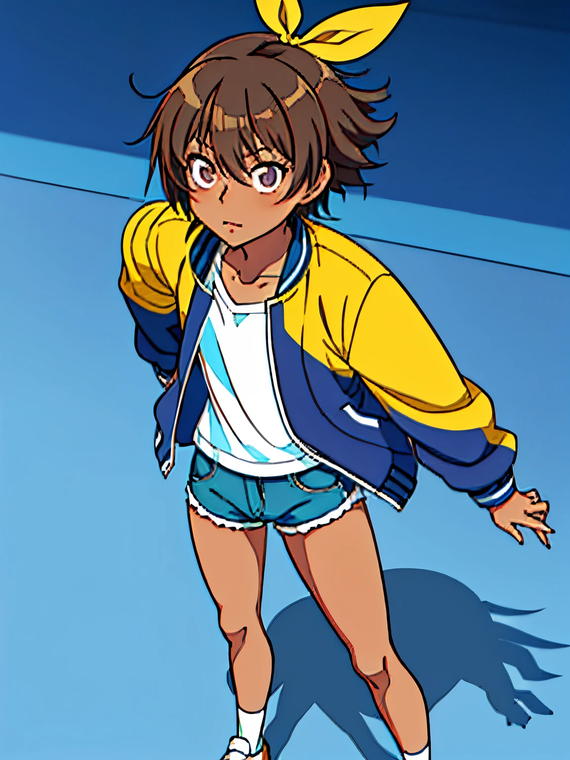 solo, high quality, best quality, anime, screencap, aoi nagisa, taimanin yukikaze, shindol style, 1girl, standing, portrait, face shot, dark skin, tomboy, very short hair, brown hair, purple eyes, flat chest, ribbon, very short hair, shorts, jacket, white background