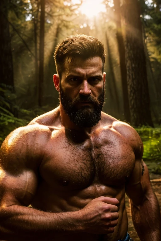 (realistic, high-res),male,brown hair,40 years old,beard, hairy, lumberjacks, pumped chest, oil painting, intense expression, dark background, dramatic lighting, masculine features, open eyes, realistic eyes, forest, nature, sunlight filtering through the trees, shadows, dynamic composition, raw and gritty, authenticity, rugged beauty, atmospheric, textured, compelling, captivating, evocative, cinematic, intense energy, golden hour lighting, sun-kissed, expressive, immersive, larger than life, powerful presence.