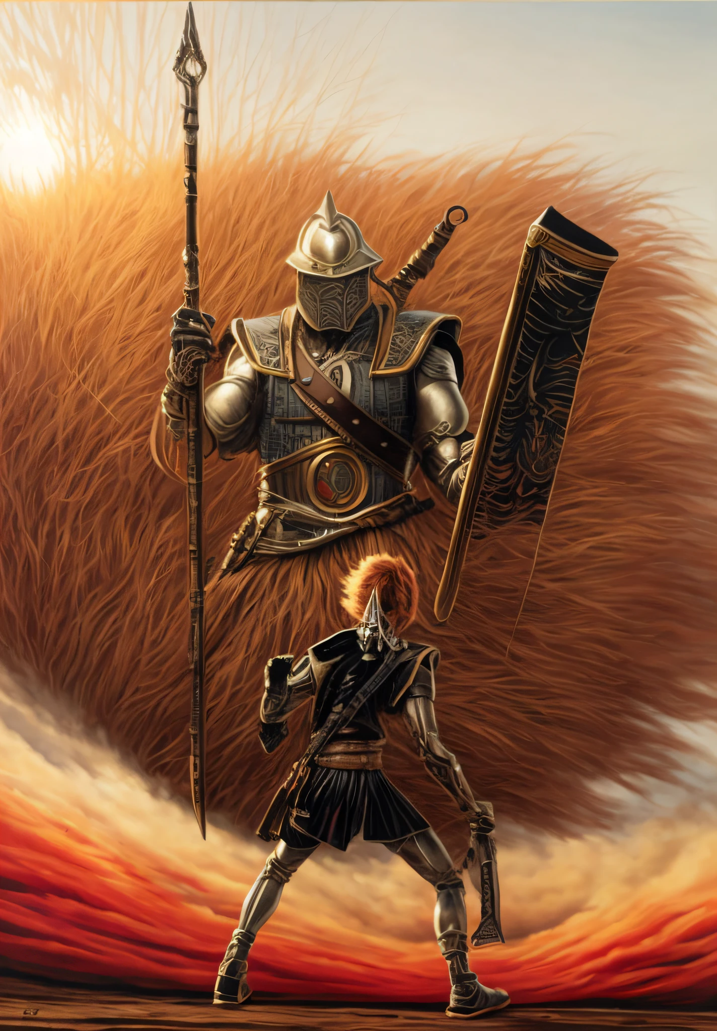 imagem arafada de um homem e uma mulher de armadura em frente a um animal gigante, epic graphic novel wallpaper, armadura dourada e de cobre, epic full color illustration, Arquivo Stormlight, Arte Guildwar, ares com armadura pesada e espada, epic fantasy novel cover art, Gerald Brom e Vincent di Fate, Davi e Golias, Pintura de Golias