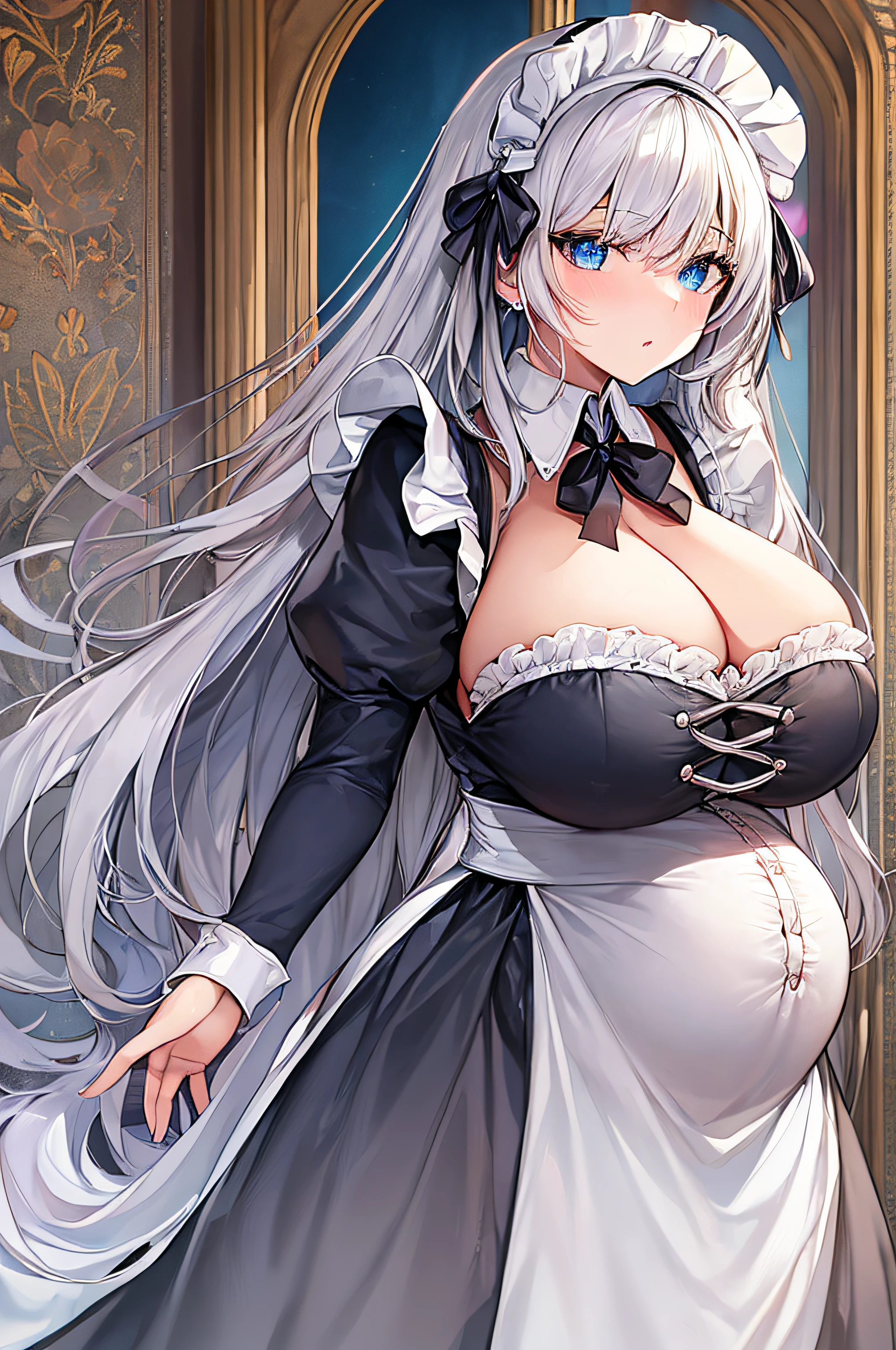 Ultra-detailed,((anime art style)),Extremely detailed,masutepiece,(Best Quality),(Super Detail),(Very delicate and beautiful),((Solo)),((Standing Pose,Full body)),Looking at Viewer,((Detailed face and eyes)),Blue eyes,Perfect eyes,Beautiful eyes like jewels,((blush)),((((very very gigantic boobs)))),(((1 Maid Girl,victorian maid))),((Pregnant)),Silver hair,(,Silver hair,Large amount of straight hair,Very voluminous and very long straight hair,Absolutely long straight hair),(((Victorian maid clothes,Long skirt))),white maid apron,fantasy castle,luxury palace,long_gloves,very luxurious jeweled hair ornament,white maid headdress,Luxurious Jewelry,