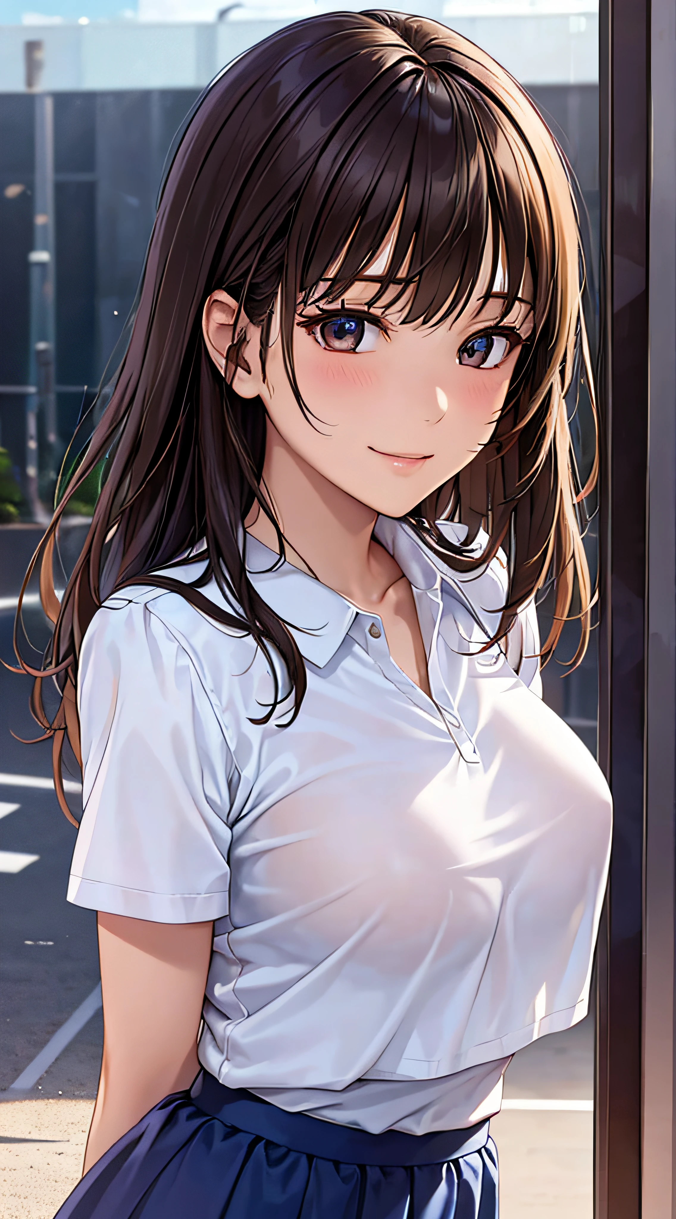 ((masutepiece, Best Quality, hight resolution, nffsw, Perfect Pixel, 4K, nffsw, nffsw))), 1girl in, Single, Solo, Beautie、full body seen、 ((Middle Wave Hair, Bangs, Brown hair)), ((Brown-eyed, Beautiful eyelashes, Realistic eyes)), ((Detailed face, Blushing:1.2)), ((Smooth texture:0.75, Realistic texture:0.65, Photorealistic:1.1, Anime CG style)), medium breasts, Dynamic Angle, Perfect body, Tennis Wear, Shirts with short sleeve collar、pleatedskirt,breasts looking、(no-bra、See-through nipples)、、, tennis coat、during daytime、stick out buttocks、sexy pose、Very embarrassing panic smile、、