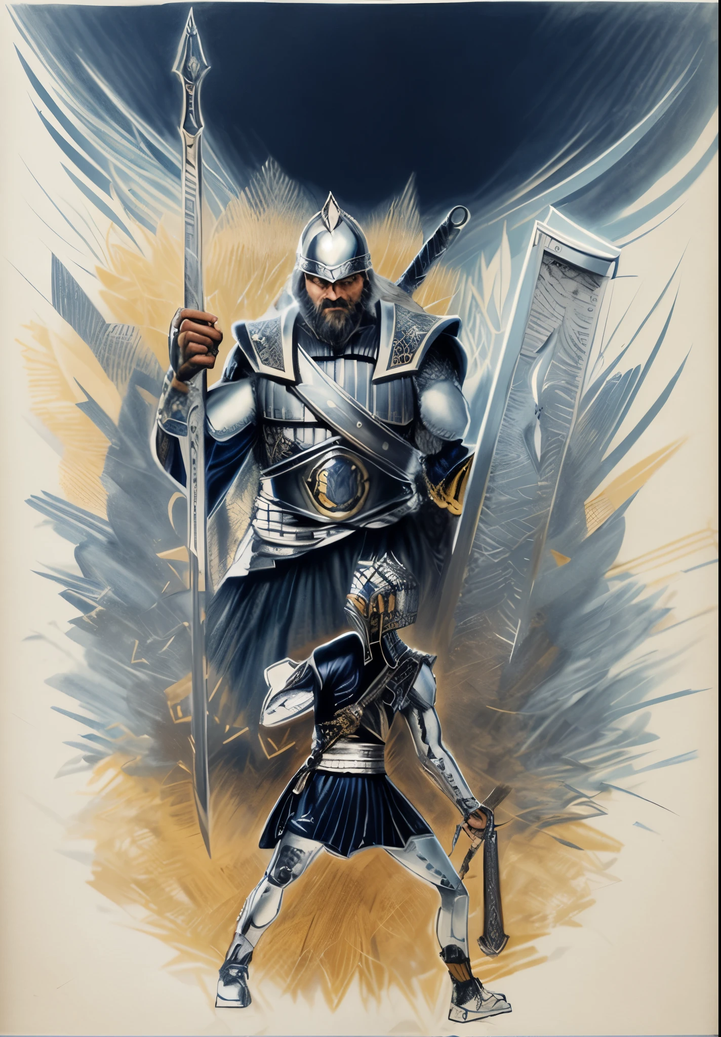 pintura de um homem em armadura segurando uma espada e escudo, barba grisalha, paladino fantasia, templar, epic full color illustration, warriors fan art, armadura pesada de prata e ouro, the spear of odin, guerreiro blindado, armadura de cor azul e prata, epic elder scrolls art, design de personagem guerreiro, cavaleiro da fantasia, epic illustration, Retrato pintado de Odin acidentado