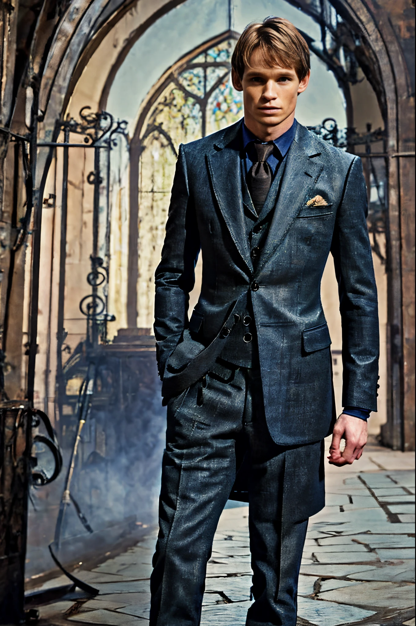 gothic art, lightand shade contrast, Standing painting, estimate, holland angle, emphasis lines, tmasterpiece, acurate, Anatomically correct, A high resolution, Best quality at best, super detailing, Award-Awarded，Eddie Redmayne（Eddie Redmayne），Exquisite suit，british actor，University of Cambridge，half-body portrait，