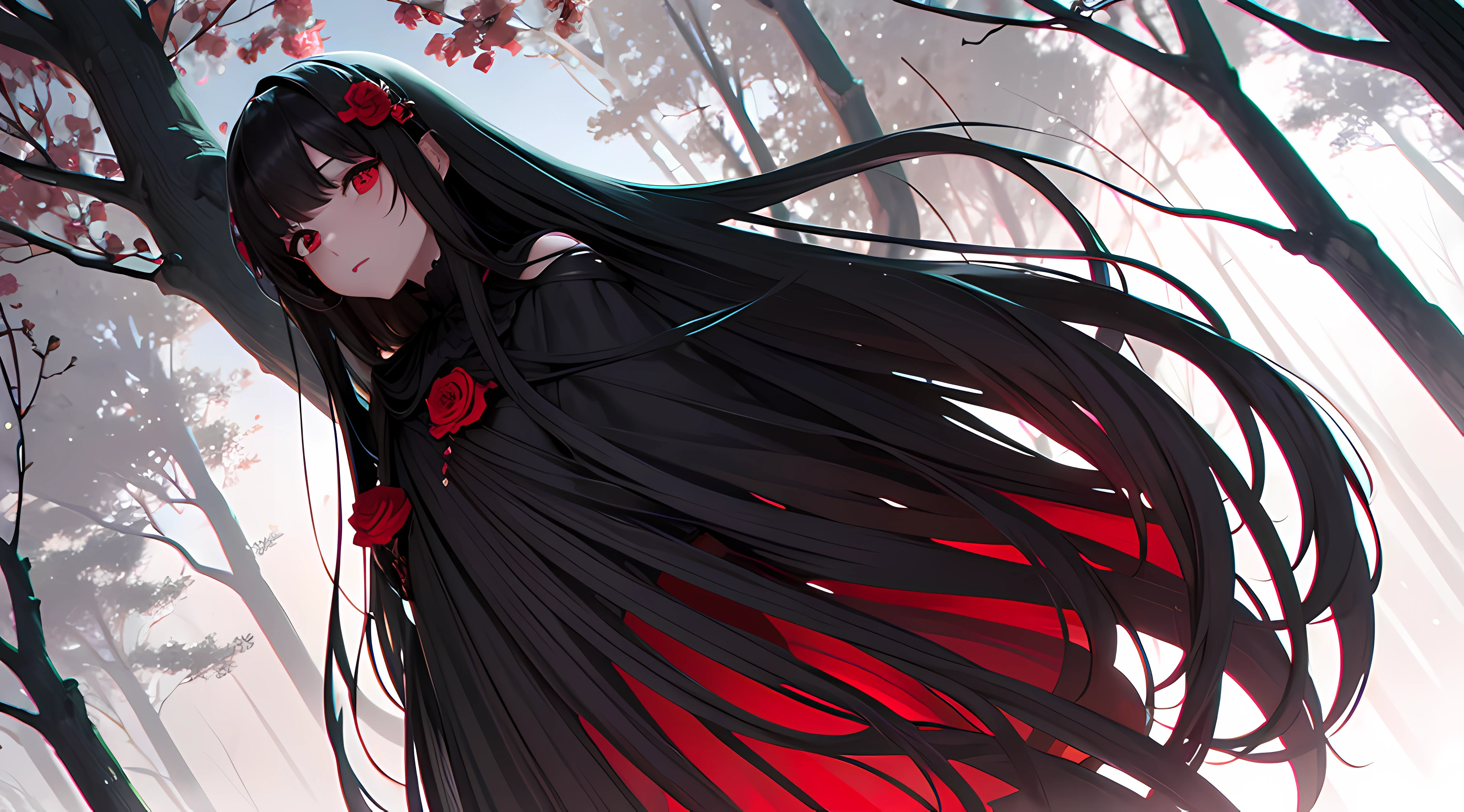 offcial art, Unity8k wallpaper, ultra - detailed, Beautiful and beautiful, high high quality, The beautiful, tmasterpiece, Best quality at best, (tangled, datura, tangled, wring:0.6), Black and white photo of man and girl in dark forest, (Male monster next to girl), Shady, Dark, limited palette, black long straight hair, garlic flower, goat skull, (Red, Black), (terror), (Shady), bloods, mistic, demons