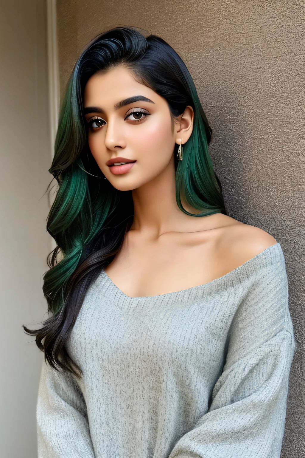 pakistani girl in, age19, Solo, Long hair, Colossal tits, Looking at Viewer, greenhair, cover shoulders, Brown eyes, jewely, Full body, Sweaters, Realistic, A sexy