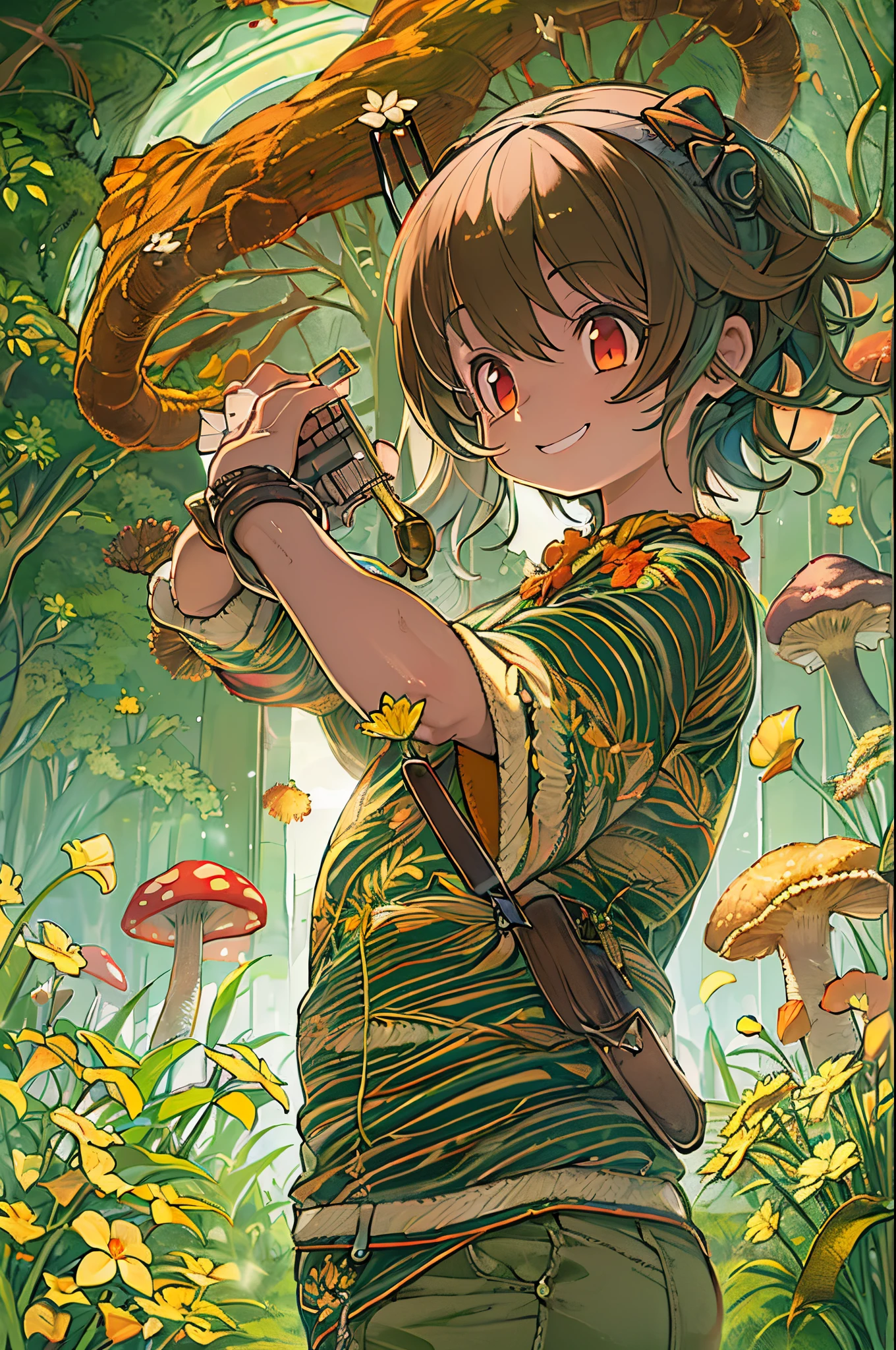 Red Eyes, girl, Holding a knife, yellow-green striped shirt with thick stripes, Red eyes glowing red, Head Tilted, mushroom head with short brown hair, With a clear smile on his face, chara, quadratic element, Stand among golden flowers with rays overhead