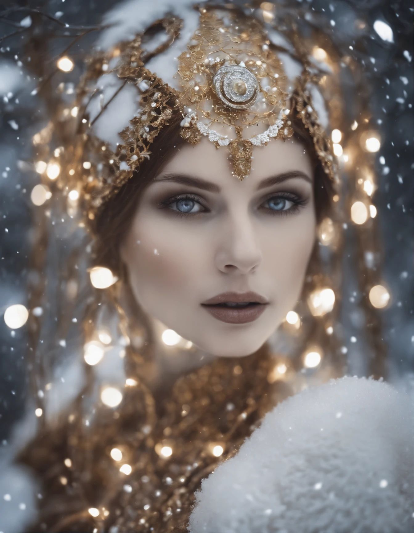 Art Brut Nouveau Photography, Robot Elf themed, Winter, Fairy lights, Snow flakes patterns, In the style of Surreal Robotics, gold, silver and white.