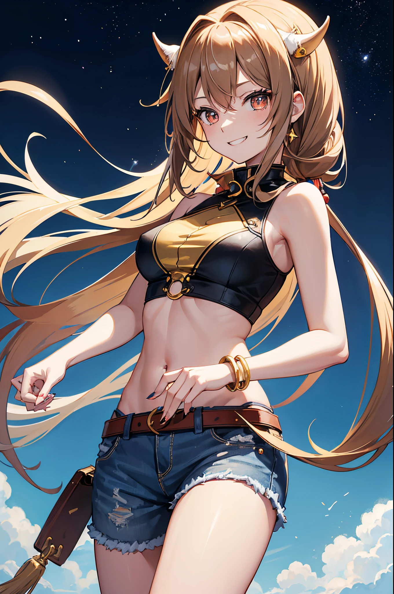 (highest quality, High resolution, perfect pixel, Depth of bounds written, 4K), upper body, (chair), (looking down), (detailed eyes), (1 lady), tall, (skinny body:1.2), (thin thighs:1.2), (Narrow hips:1.2), (black tube tops:1.4), bellybutton, sleeveless, middle breasts, (blond hair), (ponytail:1.2), (standing:1.2), (denim skirt:1.3), (panty strap:1.2), (hand on hip and behind head:1.2), contrapposto, (seductive smile), one eye closed,