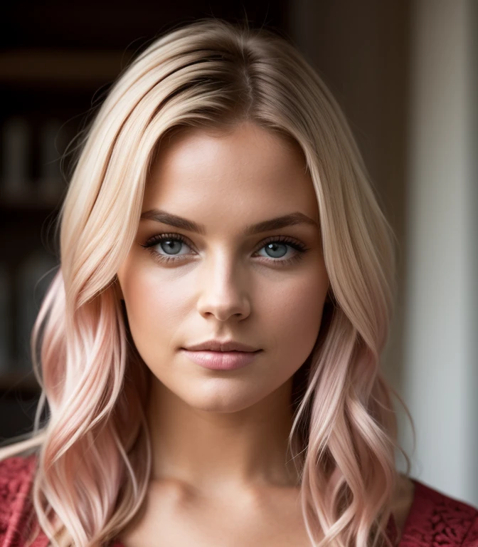 photo,8k,mise au point nette,beautiful woman,Gros plan, robe,(detailled eyes:0.8),(looking at the camera:1.4),(Highest quality),(meilleur fard à paupières),yeux bruns,Rim Lighting,two tone lighting,dimly lit,Discret,Intricate details,interior, cheveux rose et blonds:1.3 ,