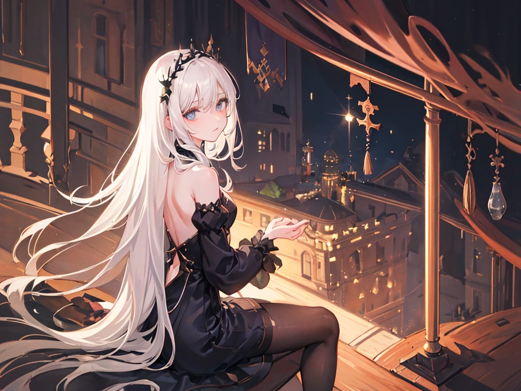 (best quality:1.3),(masterpiece:1.1),(illustration:1.2),(ultra-detailed:1.2),beautiful detailed eyes,(Gothic:1.2), (Extremely detailed background:1.1),(forest:1.2),(mountain), night, moon,castle on the distant mountain, (bent over:1.3),(butt:1.2),looking back, (raise butt:1.2),(close to the butt:1.3), (1girl in Balcony:1.4),Balustrades on balcony,(wariza:1.2),(sitting:1.3) (1girl:1.3),(solo:1.3),(white hair),(long hair:1.1),full body,black stocking, tulle,dress,Bodysuit,back cutout,clothing cutout,