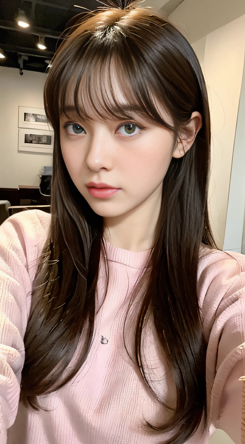,Very beautiful Chinese internet celebrity,pale-skinned,Cute pose,largeeyes,redish pink lips,Qi bangs,Sell moe