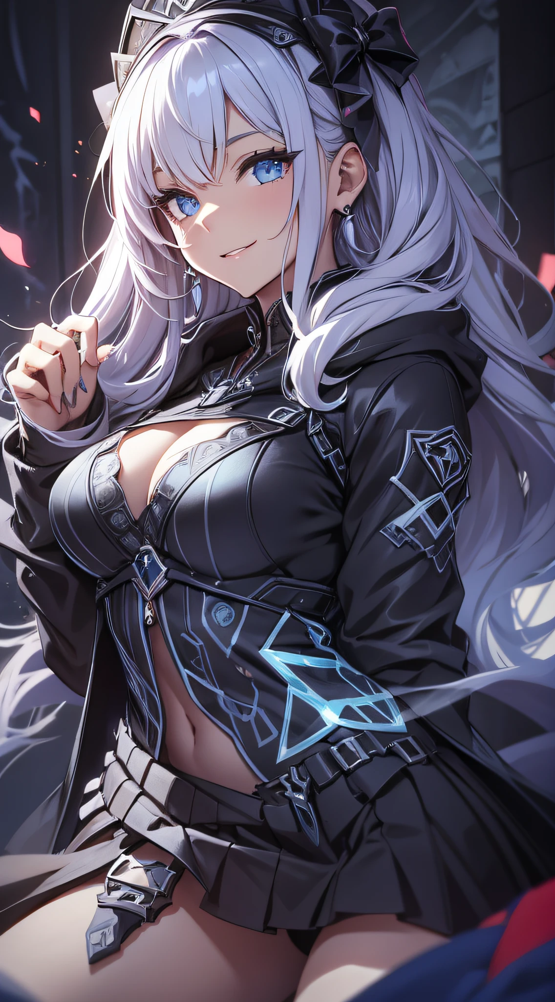 top-quality、Top image quality、masterpiece、s girl((Black underwear、Black hoodie with open chest、Black skirt、18year old、 Ager、Best Bust、big bast,Beautiful light blue eyes, Long Blonde Hair、A slender,Large valleys、Reflecting the whole body、Heart symbol with both hands、Joy Pose、Laugh、The best smile、Lying on your back on the bed)),hiquality、Beautiful Art、Background with((Stylish room))masterpiece、depth of fields,