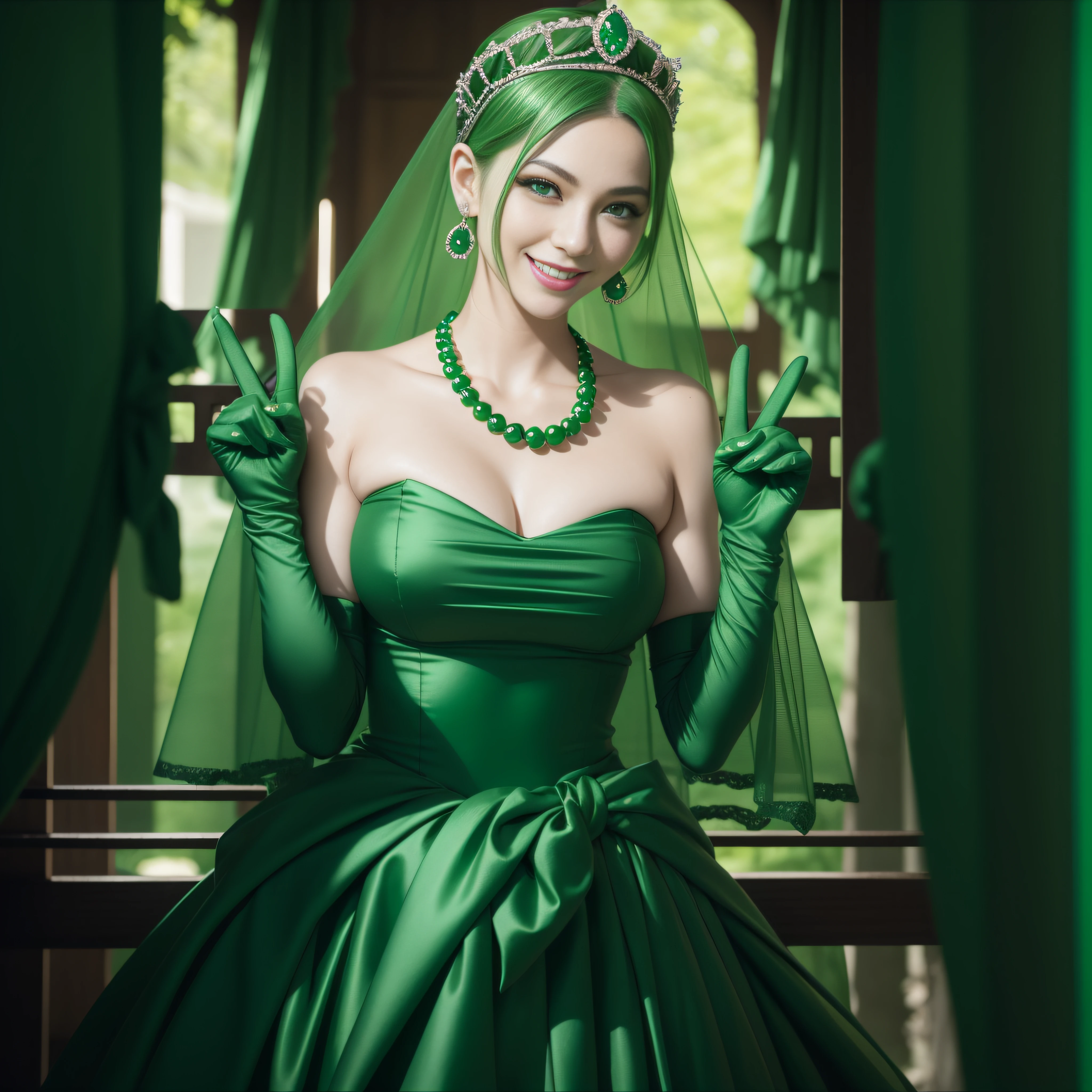 emerald tiara, Green Pearl Necklace, Boyish very short green hair, lipsticks, Japan woman smiling, very short short hair, big breasts beautiful, Green eyes, Long green gloves made of satin material, Green eyes, v sign,V-sign with both hands, Emerald Earrings, Green hair