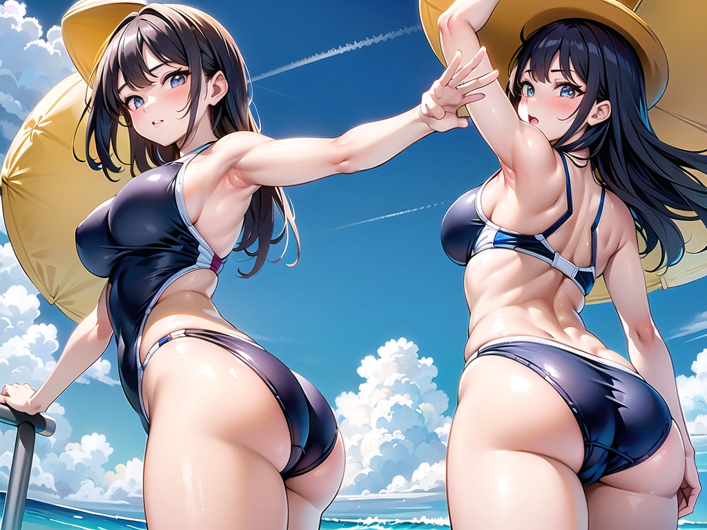 ((Standing with armpits pose that swimwear model)),
((Cowboy shot:1.2)), ((back view:1.2)), ((From below:1.2)),
(in the Waikiki beach of Hawaii),