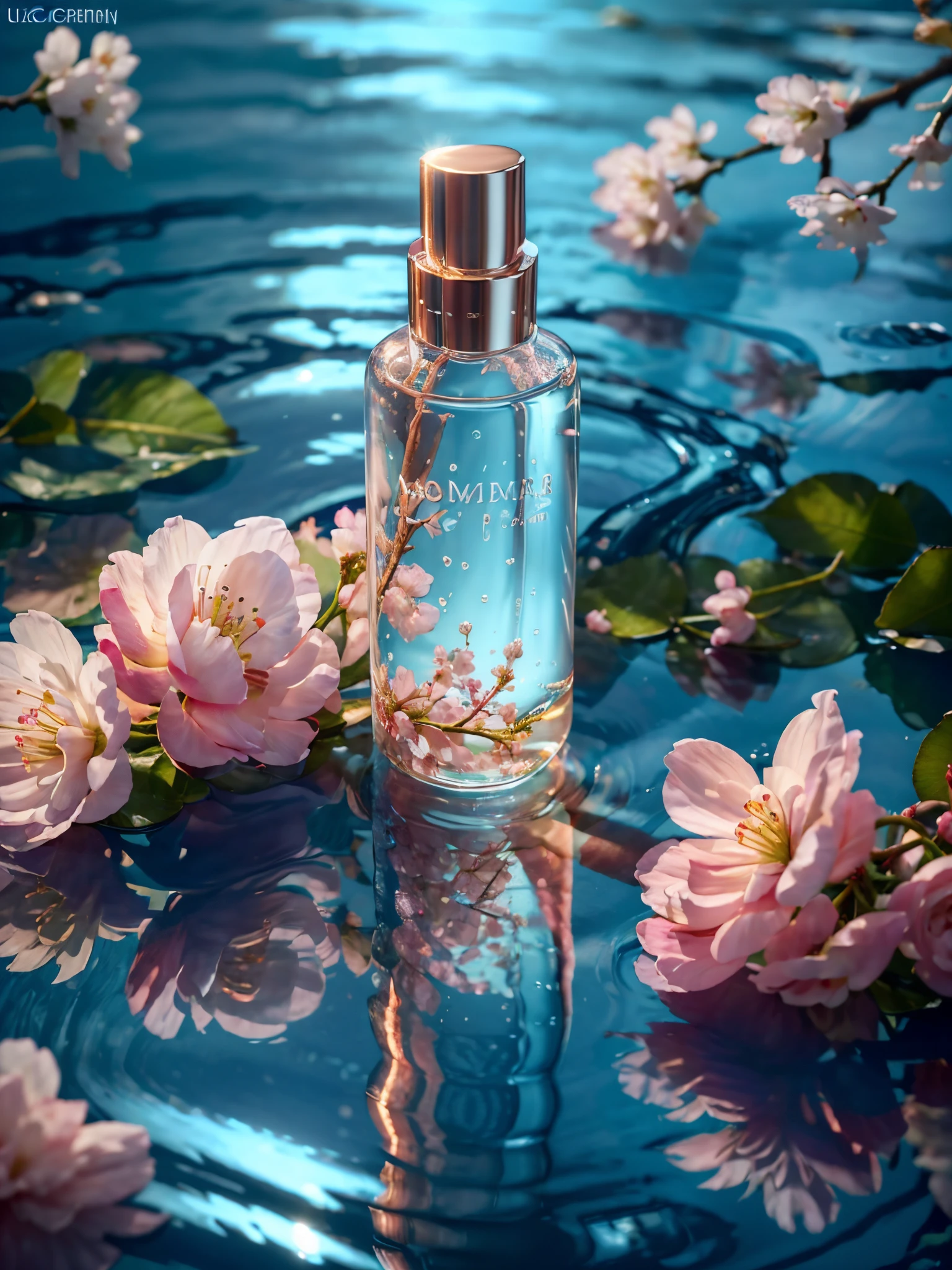 best quality, 4k, 8k, high resolution, masterpiece, ultra-detailed, photorealistic, blender, makeup bottle, cherry blossom wrapped around, blue sky background, water, sunlight, low perspective,  product rendering