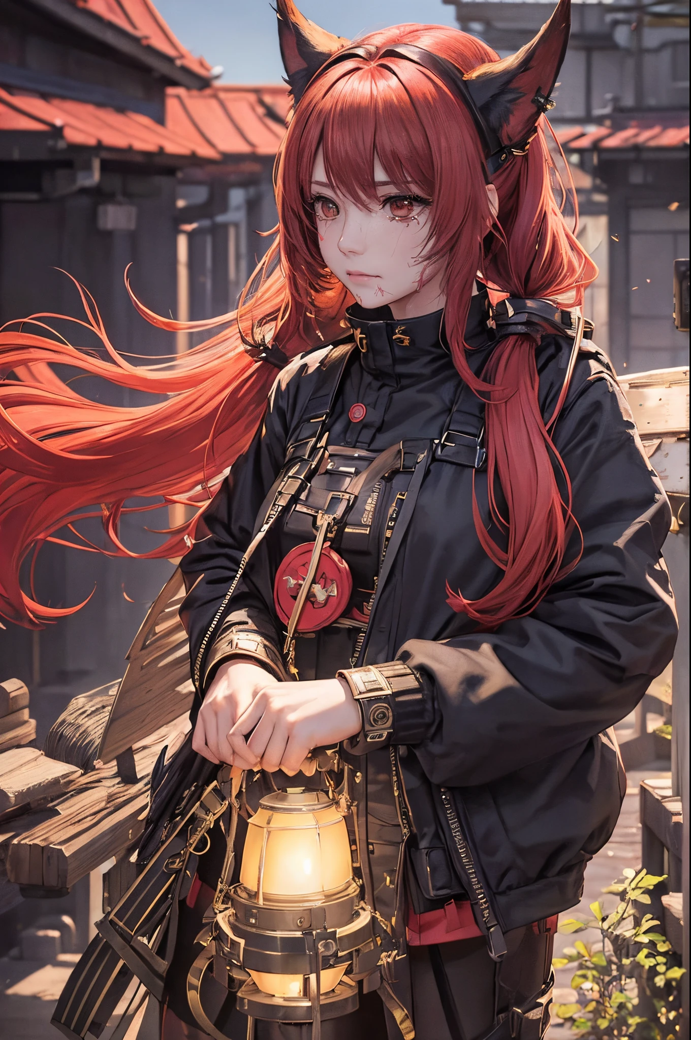 empty hand, a character portrait, fantasy art, (cyberpunk), a maiden with fox ears and fox tails, natural lighting, masterpiece, 1 beautiful girl, Detailed eye, Swollen eyes, top-quality, high resolution, Asian beauty, very extremely beautiful, Beautiful skins, A slender, Forward-facing body, (A hyper-realistic), (high resolution), (4K), (highly detailed),( Best Illustration), (beautifully detailed eyes), (ultra-detailed), , Bright lighting, Professional Lighting, distance view, (lantern),((long hair)),((colorful hair)),((red color splash)),1girll, Colorful hair, Flying, (scarlet dress), pink bows,((-yeld fee model)), horror, Bloody, Blood droplet,((forward-facing body)),(black jacket), (red pigtails),(( the background is no man's land)),((solo)), dark sky gunpowder