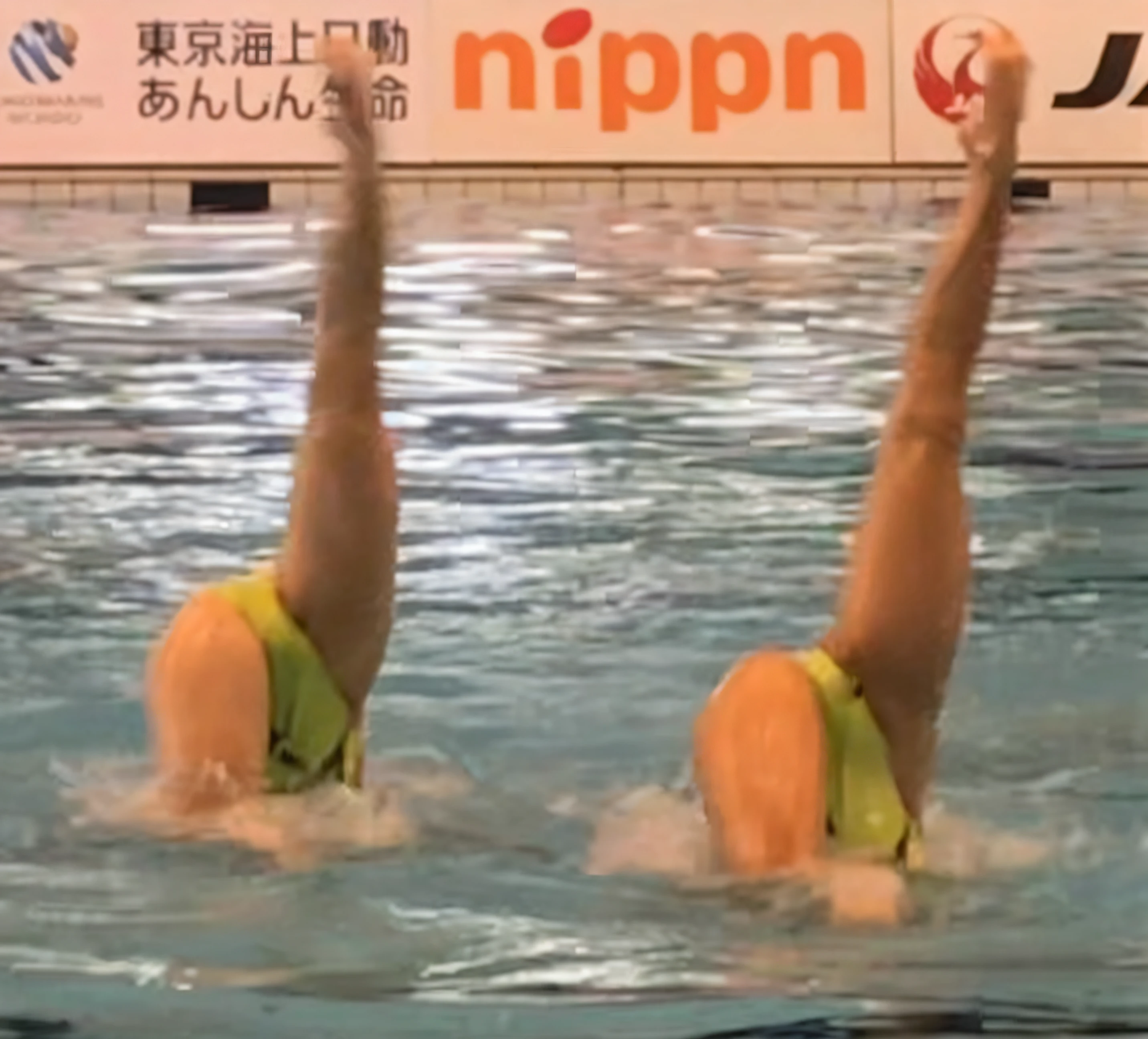 Two women doing tricks with their hands in the pool, in water! Up to the shoulder, symmetry!! Water, matoko shinkai, Murata Yasushirasawa Style, There are no double digits, symmetric!!, yasushi nirasawa style, Symmetrical!!!, simmetry!!, olympic diving springoard, Kazue Kato, nizou yamamoto