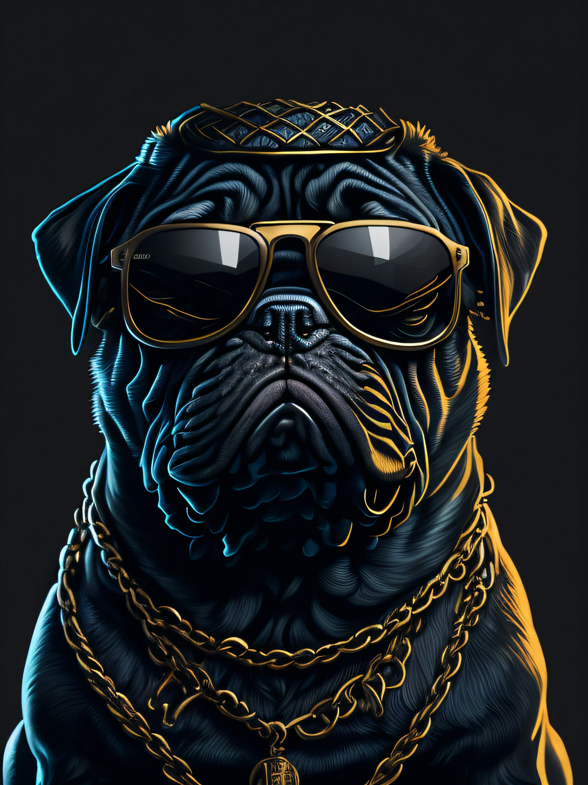 a close-up of a pug wearing sunglasses and a chain, in illustration style digital, em estilo de ultra realista, arte digital altamente detalhada, Retrato ultra realista, portrait big dark dog, pintura digital altamente detalhada, retrato ultra detalhado, Retrato de Zeus acidentado, arte digital altamente detalhada, retrato altamente detalhado, retrato de alta qualidade, arte digital altamente detalhada