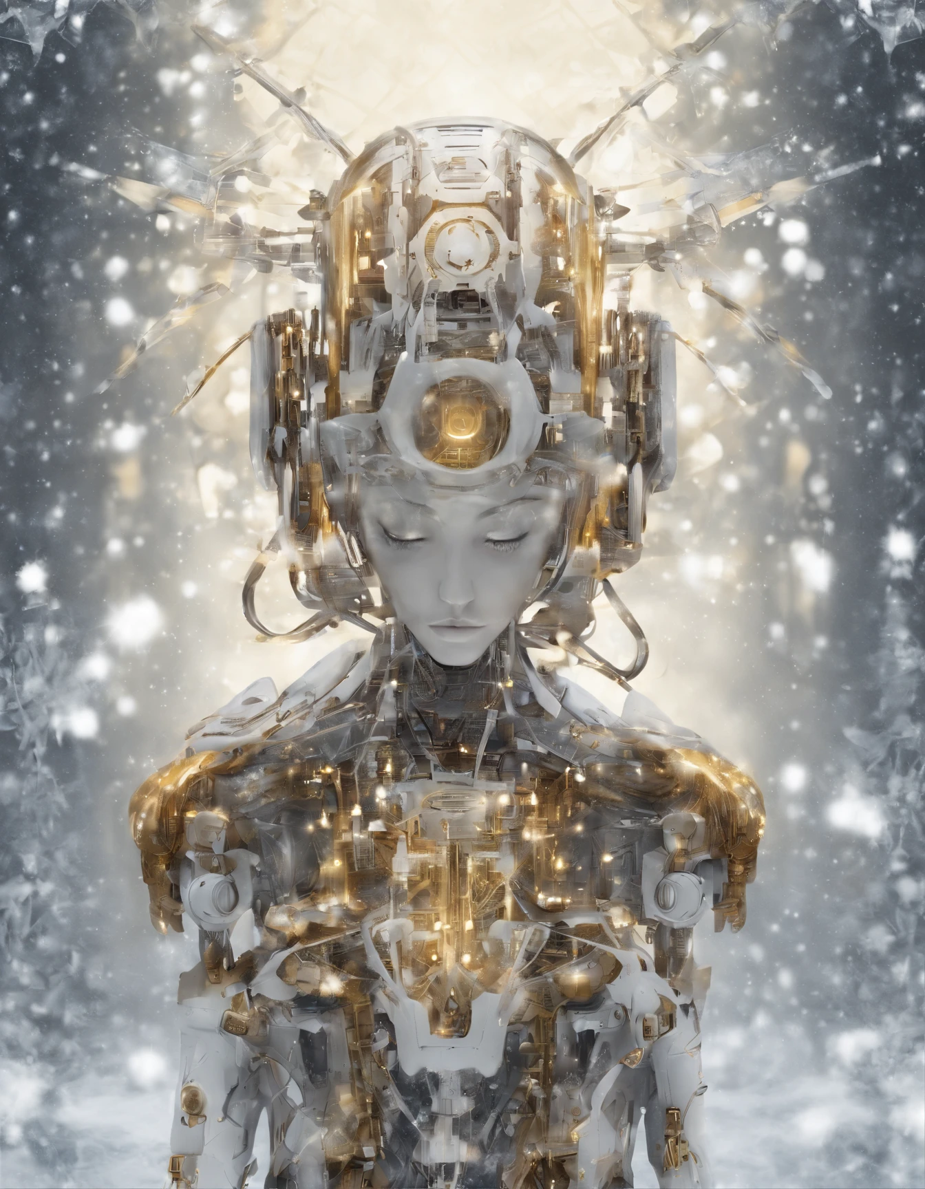 Art Brut Nouveau Photography, Robot Elf themed, Winter, Fairy lights, Snow flakes patterns, In the style of Surreal Robotics, gold, silver and white.