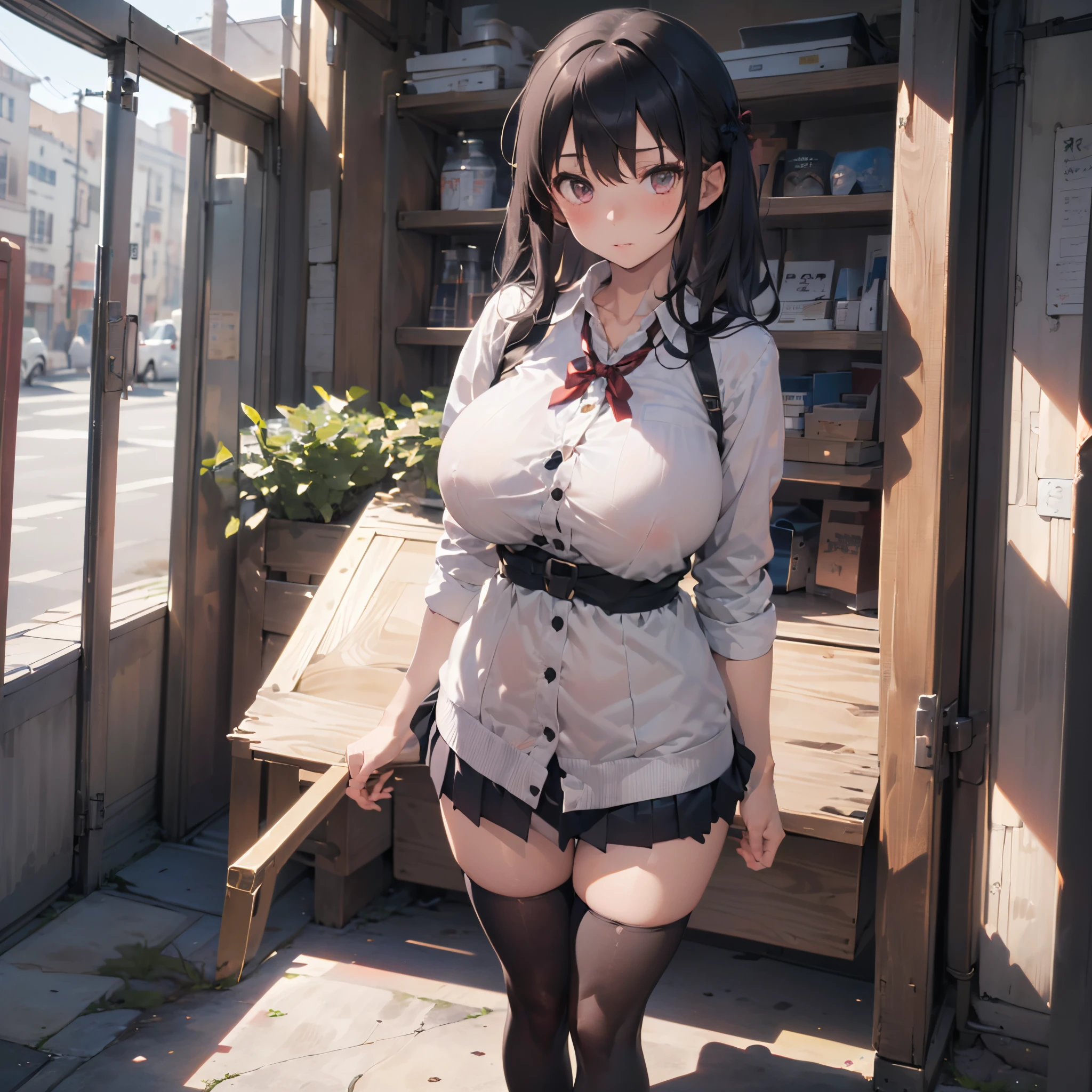 (1 girl standing:1.3), (solo:2.0), (huge perky breasts:1.7), (thin waist:1.3), (thin long legs:1.5), (black thighhighs:1.3), (very short skirt:1.5), nose blush, school uniform