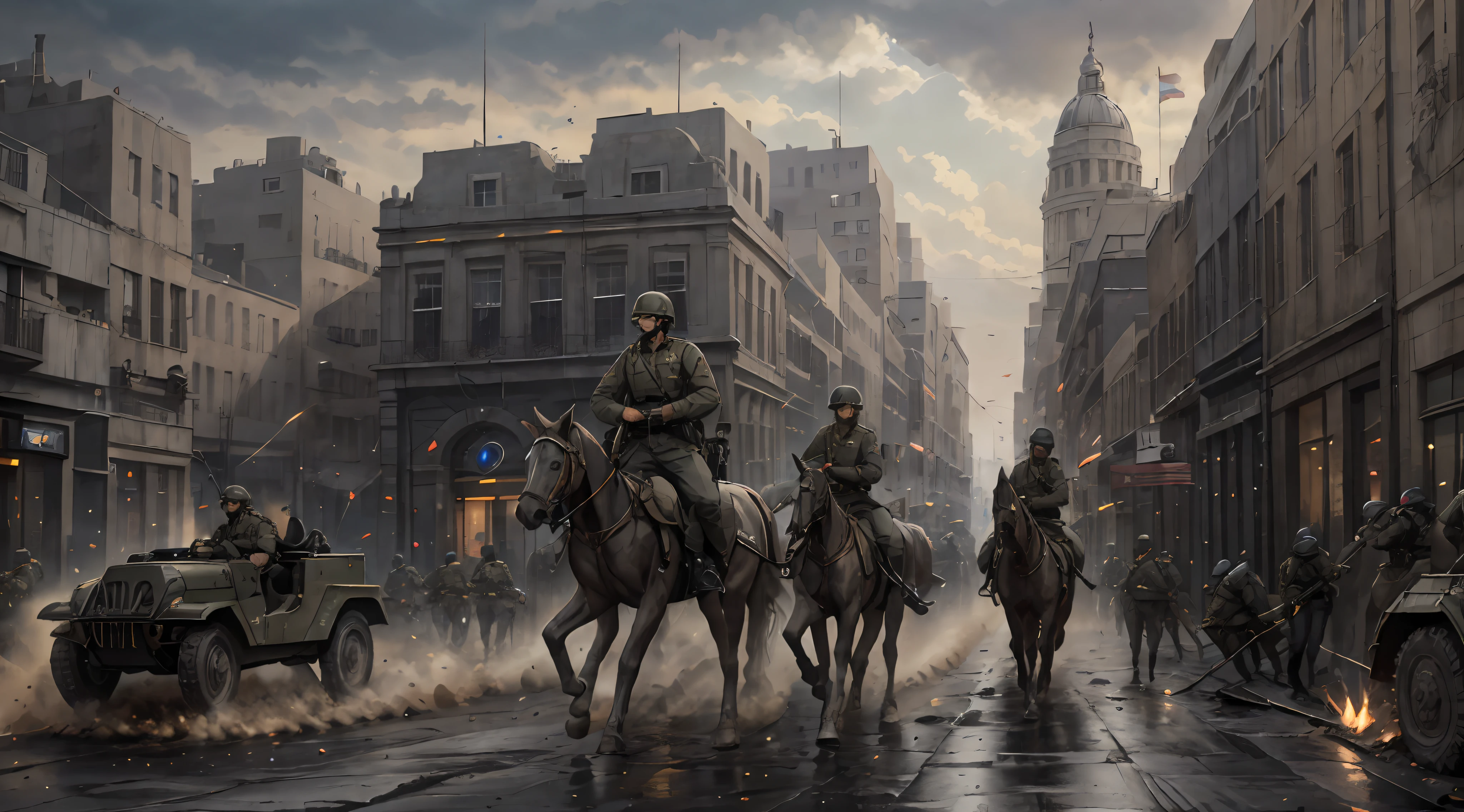 Uniformed soldiers walk through the city streets, WWII，soldiers charging in, soldiers charging the enemy, The artillery fire continued，nigth，Army，The officer rode on horseback，jeep，empire，The city flag flutters，Officers mobilize troops，tanks，Planes