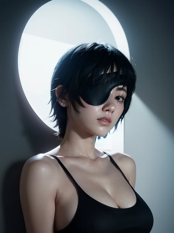 (extremely detailed cg unity 8k wallpaper),(masterpiece),(bestquality),(ultra-detail),(best illustration),(best shadows),(Absurd),  realistic movie movies,Himeno, asian women, Wear the patch over your right eye.., Short black pixie style hair, A loose white shirt on the outside.., White tank top inside, Black tie, black pants