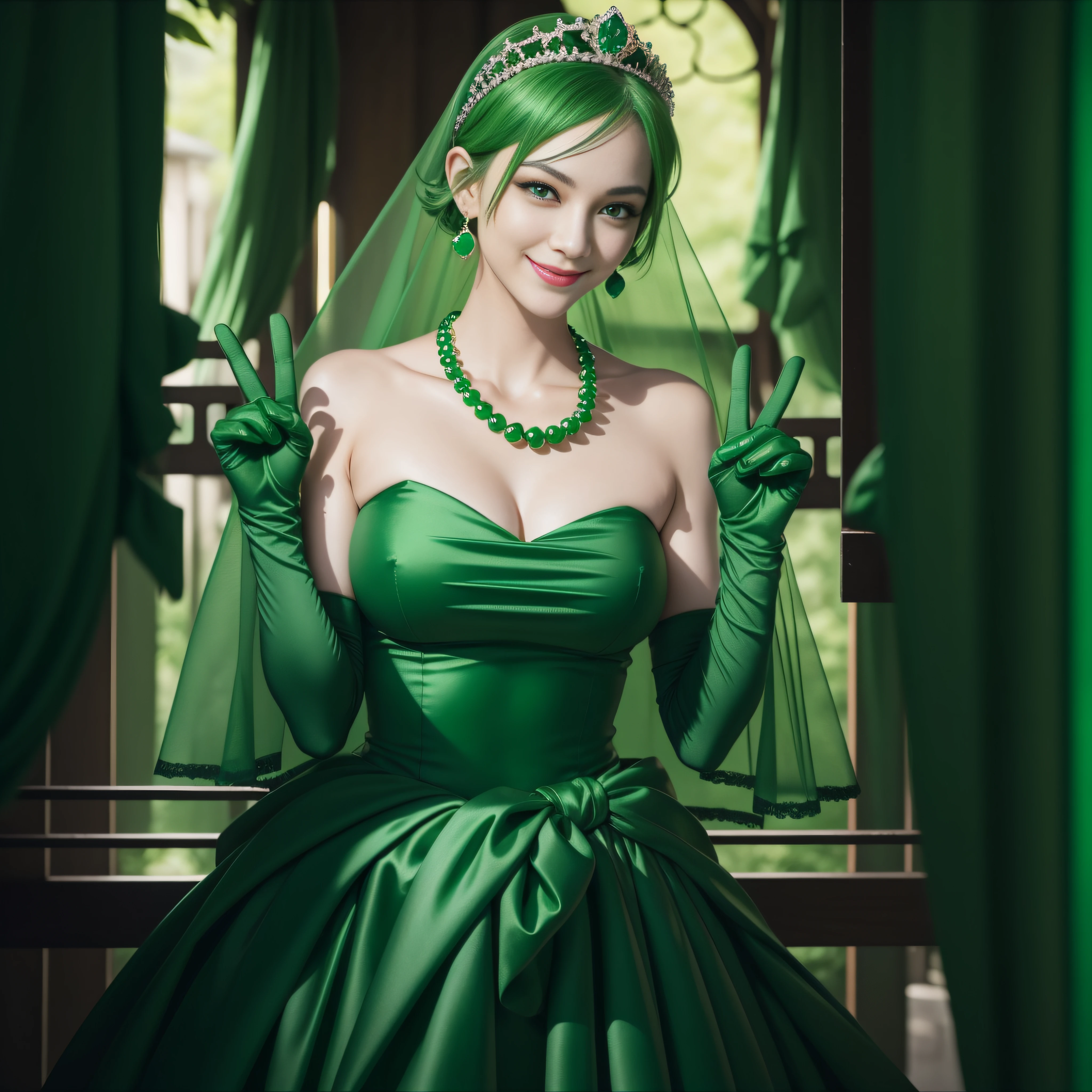 emerald tiara, Green Pearl Necklace, Boyish very short green hair, lipsticks, Japan woman smiling, very short short hair, big breasts beautiful, Green eyes, Long green gloves made of satin material, Green eyes, v sign,V-sign with both hands, Emerald Earrings, Green hair