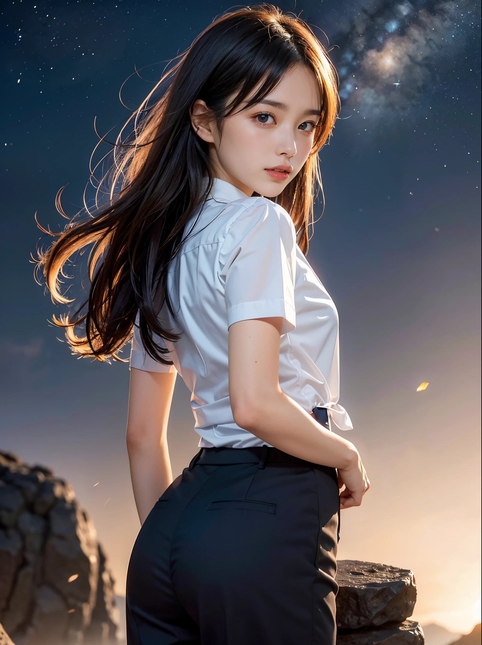 (masutepiece, Best Quality:1.2), 8K, Official art, Wearing a suit、Gesture of removing tie、You can see the chest、Five Fingers Photos&#39;Body of, full body Esbian、Suit Beauty、Big Dipper in the background、star explosion、Beautiful barefoot woman with dark hair, hold a flame in your right hand、tie a tie with your right hand、Turn your face up、looking-down、cool expression、Bright lava light rises above the broken Earth from beneath the asteroid belt(Jagged rock rocks and fragments shot into the air:1.3) (Storm of windy dust debris:1.1) Volume fogmist by trace Z、It can allow bright light from below to pass through、 (​masterpiece) (top-quality) (detaileds) (8K) (电影灯光) (foco nítido) (Convoluted)A dark-haired、years、small tits、A delightful、A smile、unbelievable Ridiculous, (a beauty girl, Pretty Face, arching back down, Gold hair ornament on hair、wearing a suits、close up, Wearing a suit, Short sleeve, gardenia, violaceaess, spaces , Looking at Viewer, Film grain, chromatic abberation, Sharp Focus, face lights, Dynamic lighting, Cinematic lighting, Eyes and faces with detailed, (Gray tie、1 copy:1.2)