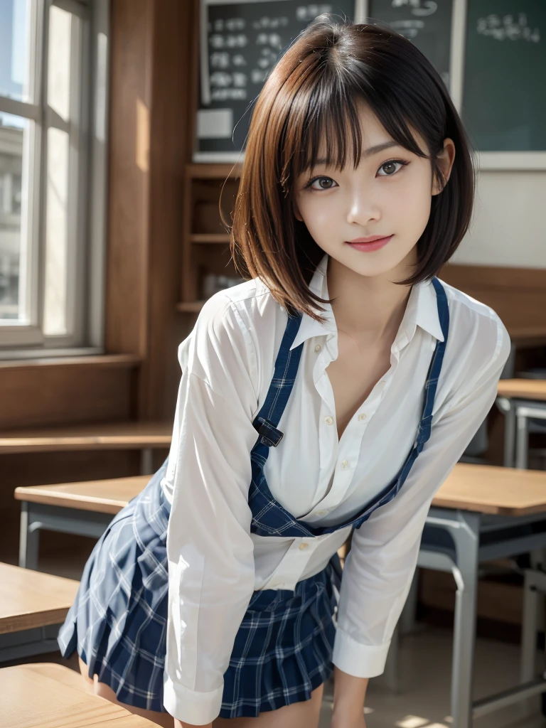 On the table, Best quality at best, japanaese girl,1 girl in, 8K, RAW photogr, top notch quality, On the table, north african free trade area:1.2, Extremely detailed RAW color photos, Professional-grade photos, (actual, realisticlying:1.37), (highlydetailed skin:1.2), 超高分辨率, (Lenz 50mm), (F/1.2),Delicate and detailed eyes,stare at the viewer,
Broke up with 1 girl (There are many old people:1.4), pretty face, kawaii,(ssmile:1.05),(20yr old, , Wide hips,hair straight, (short detailed hair), 黑The eye, Fair and delicate skin,little mouth, with high cheekbones (undefined), a sexy pose,(Leaning forward:1.3),(to FW:1.1),white colors、韓国アイドル、乃木坂アイドル、Posing a gravure idol、exquisite work, quality:1.3), (Ultra-detailed 8K CG:1.2), (hyper realisitc:1.35), (realisticlying:1.45), (actual:1.4), cow boy shot,
1 beautiful Japan girls, age 22, super model, Japan idol, __Expressing the__, , (sittinng on the desk:1.1), (校服:1.4), (:1.2),
(School Classroom Background:1.1),