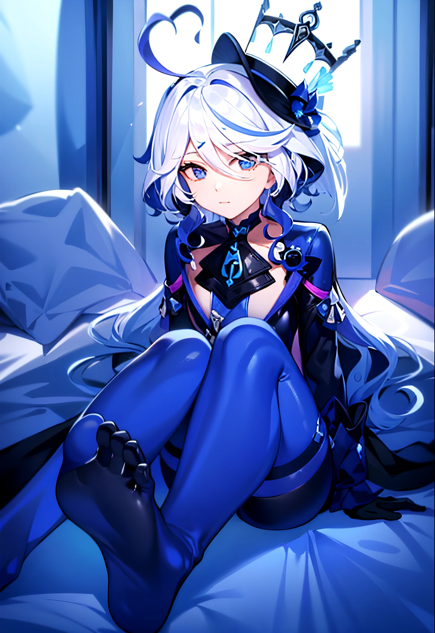 16k,The beautiful, On a table, Best quality at best, The facial details are particularly rich, perfect litthing,1 girl in、tightsuit, skin tight, latex,Black Jumpsuit,Black Jumpsuit, shinning clothes, Shiny, Cover the navel, steamy,tmasterpiece, Best quality, 1 Sister, Forina, genshin impact, White hair, Blue hair, Black latex clothing, abandoned city lock,hair covering one eye,((Gradient hair)), A thin body，Wearing long white gloves:1.a purple eye:1 white hair, Blue hair:1.3， Ultra-detailed eyes