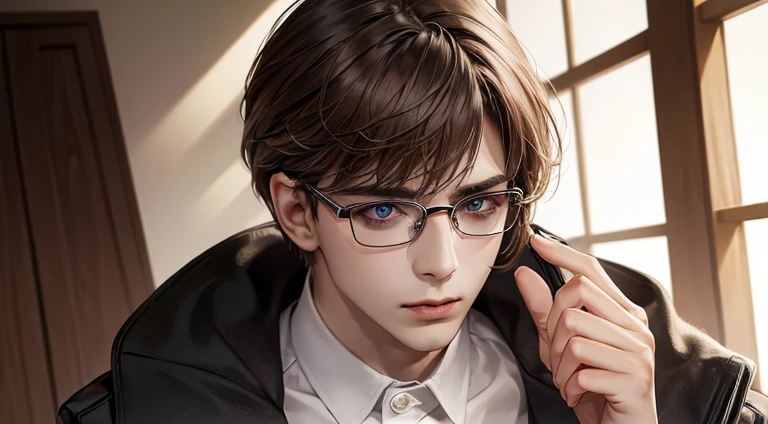 (tmasterpiece, Best quality at best), 1 boy, brunette color hair, eye glass,Alone, ,The eye