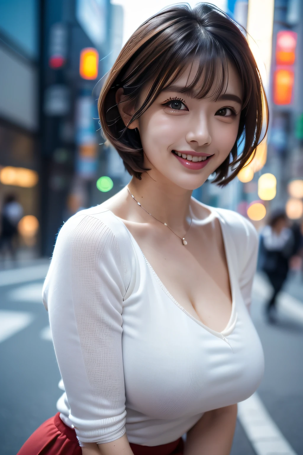 ((The Ultimate Beautiful Japan Married Woman)), 50 generations, Soft light, (((Short hair:1.3), short length bangs, Floating Hair NovaFrogStyle)), A detailed eye, (big eye:1.3), Detailed lips, extremely detailed eye and face, beautiful detailed nose, Beautiful detailed eyes, long eyelashes, Light on the Face, (Separated lips:1.2), (Beautiful white teeth:1.3), Mature Face, ((large full breasts)), Realistic face, Realistic body, Beautiful detailed thighs, (Red blouse:1.3)、(Tight micro mini skirt in red:1.4)、thighs thighs thighs thighs、(Cowboy Shot:1.3), ((depth of fields:((The city of Ginza, tokyo prefecture))、(Raw photo, Best Quality), (Realistic, Photorealsitic:1.3), masutepiece, extremely delicate and beautiful, Extremely detailed, nffsw, Unity , 2k wallpaper, amazing, finedetail, lightsmile, Highly detailed ticker Unity 8k wallpaper, hugefilesize, Ultra-detailed, hight resolution, absurderes,