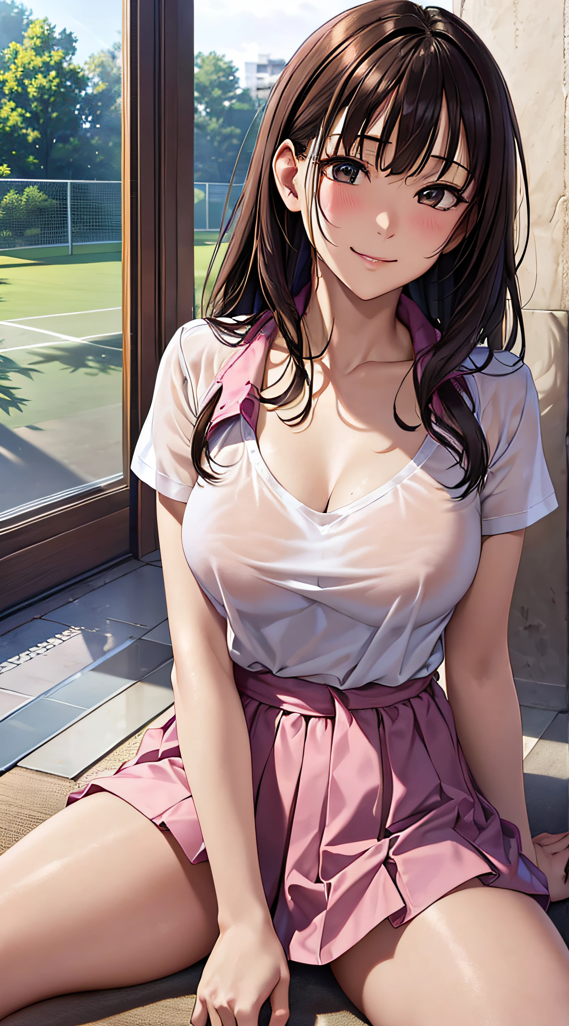 ((masutepiece, Best Quality, hight resolution, nffsw, Perfect Pixel, 4K, nffsw, nffsw))), 1girl in, Single, Solo, Beautie、full body seen、 ((Middle Wave Hair, Bangs, Brown hair)), ((Brown-eyed, Beautiful eyelashes, Realistic eyes)), ((Detailed face, Blushing:1.2)), ((Smooth texture:0.75, Realistic texture:0.65, Photorealistic:1.1, Anime CG style)), medium breasts, Dynamic Angle, Perfect body, Tennis Wear, Shirts with short sleeve collar、pleatedskirt、(no-bra、See-through nipples)、、, tennis coat、sitting down on the floor、Pink lace panties、during daytime、sexy pose、Very embarrassing panic smile、、