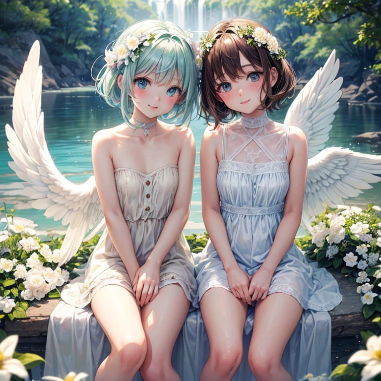 of the highest quality, pastel drawing, Gentle atmosphere, Twin Girl Angel, Cute, one white winged, A shyly smiling expression, brown short hair of different colors,,, Blue-eyed ones, Green eyes, naked, naked, flower hair ornament, Upper body, Looking at the viewer, spaces, Meteor, light,